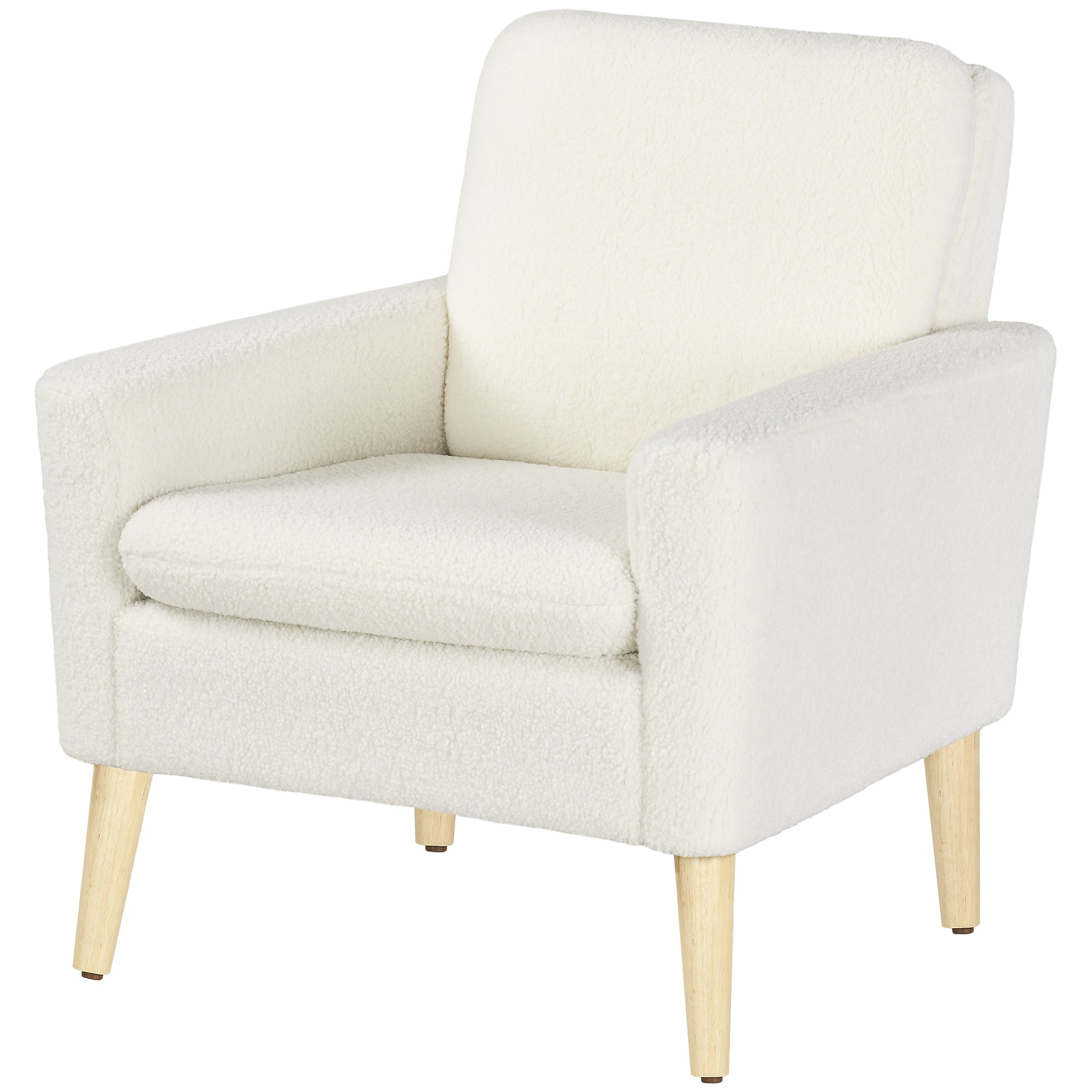 HOMCOM Teddy Fabric Accent Chair, Upholstered Armchair, Mid-Century Modern Living Room Chair with Wood Legs and Wide Padded Seat, Cream White