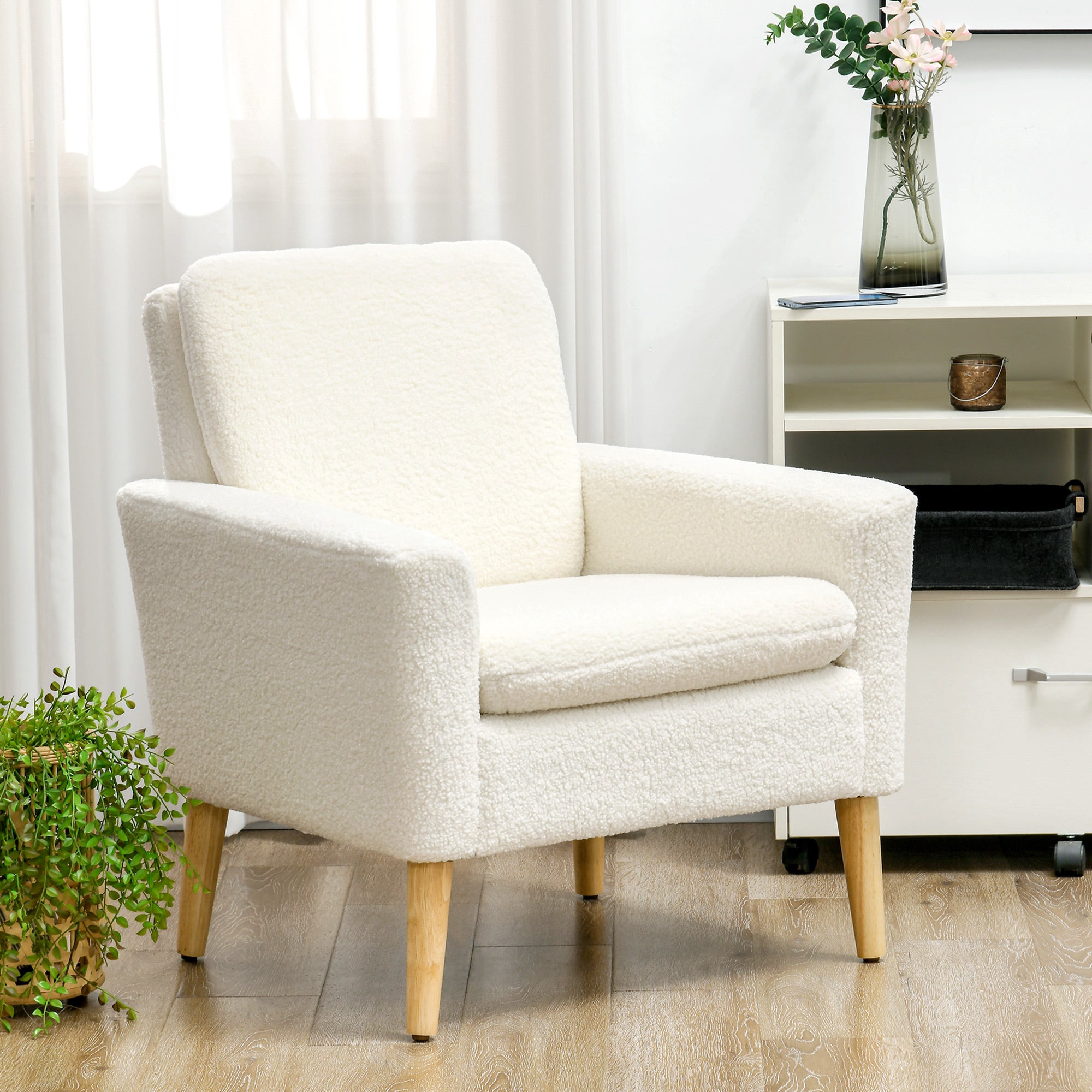 HOMCOM Teddy Fabric Accent Chair, Upholstered Armchair, Mid-Century Modern Living Room Chair with Wood Legs and Wide Padded Seat, Cream White