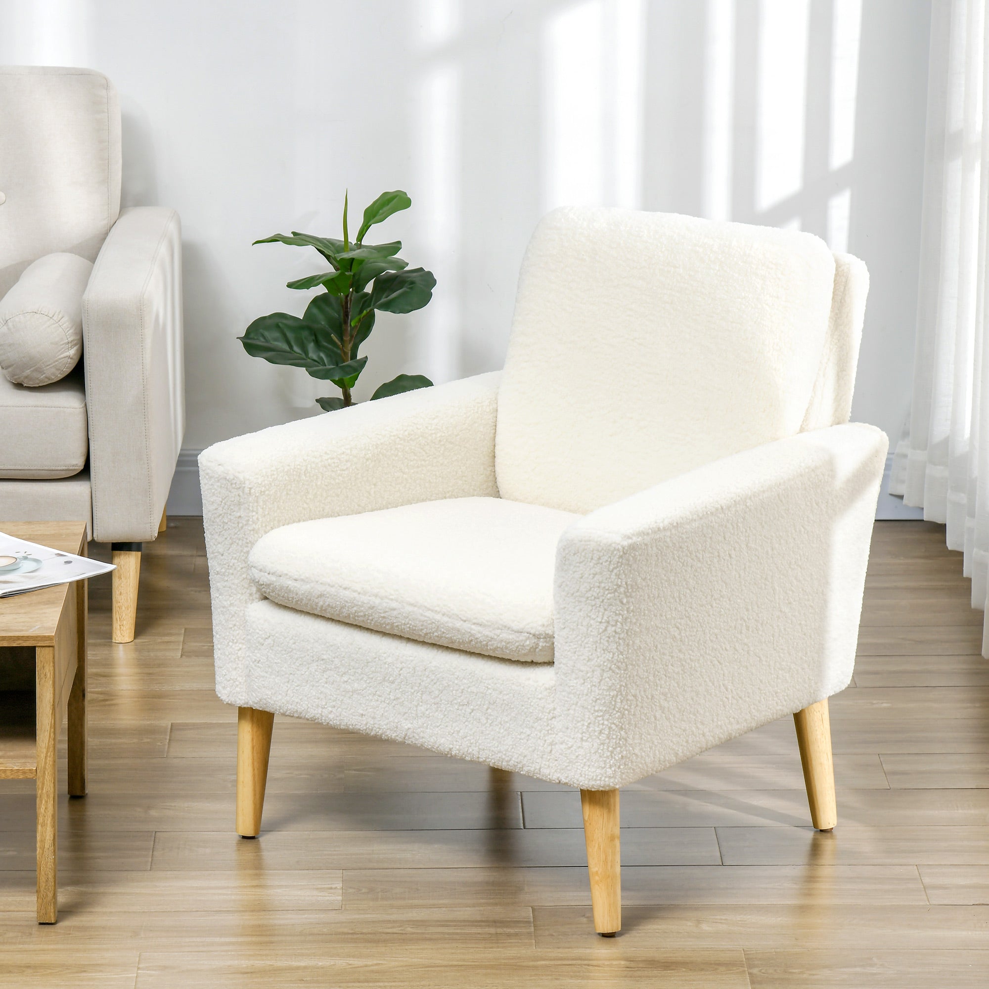 HOMCOM Teddy Fabric Accent Chair, Upholstered Armchair, Mid-Century Modern Living Room Chair with Wood Legs and Wide Padded Seat, Cream White