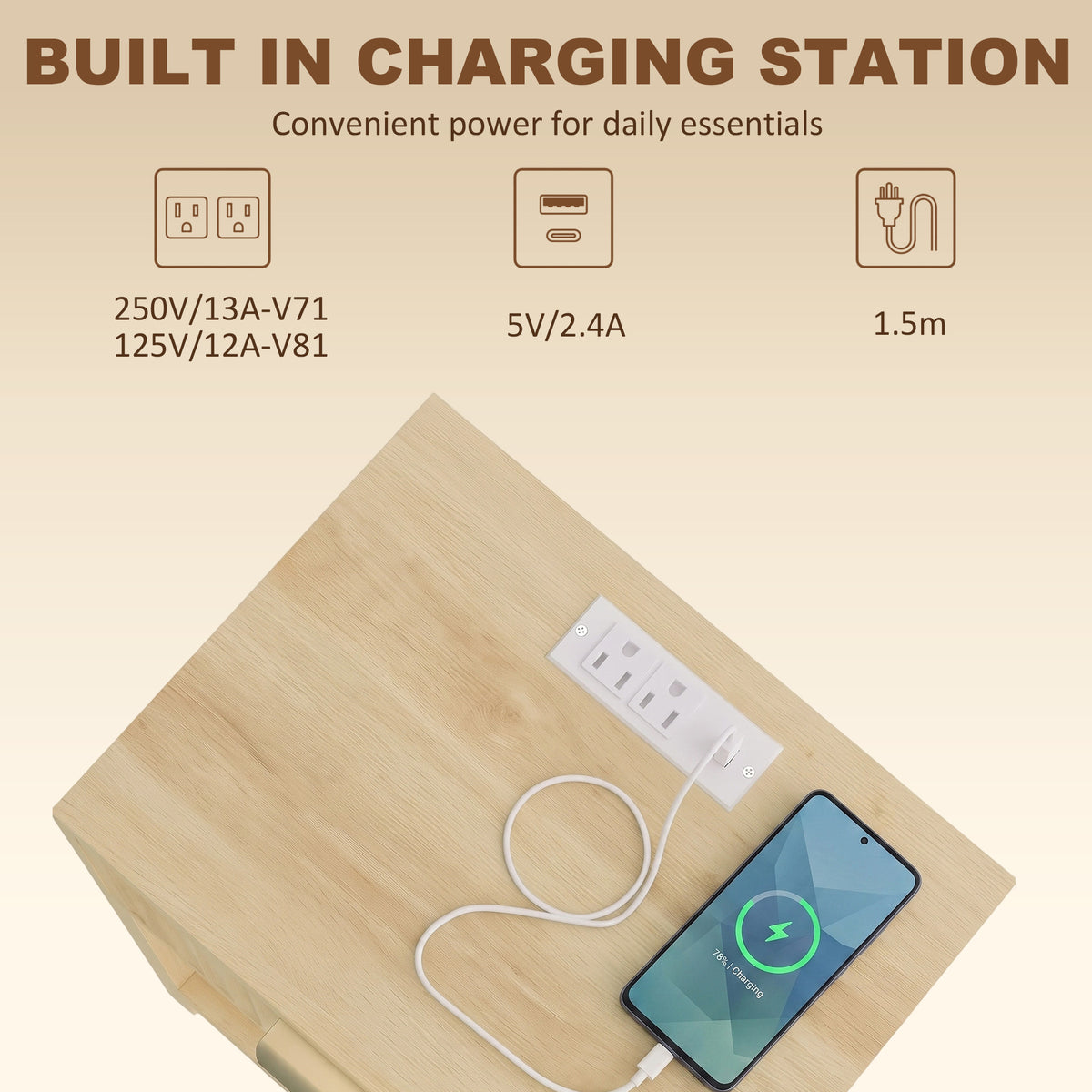 Modern Nightstand Set of 2, Slim Bedside Table with Drawer, Open Shelf and Charging Station, Night Stand with AC Power Outlets, USB and Type-C Port for Bedroom, Oak