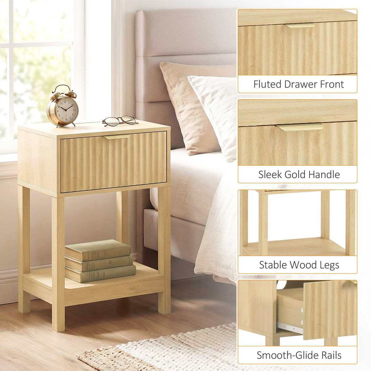 Modern Nightstand Set of 2, Slim Bedside Table with Drawer, Open Shelf and Charging Station, Night Stand with AC Power Outlets, USB and Type-C Port for Bedroom, Oak