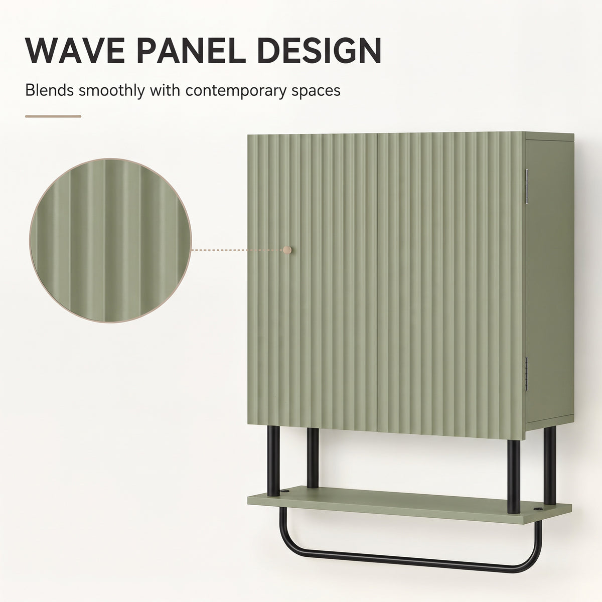 Bathroom Wall Cabinet with 2 Wavy Doors, Modern Bathroom Cabinet Wall Mounted Over Toilet with Hidden Storage and Open shelf, Towel Bar, Space Saving, Green