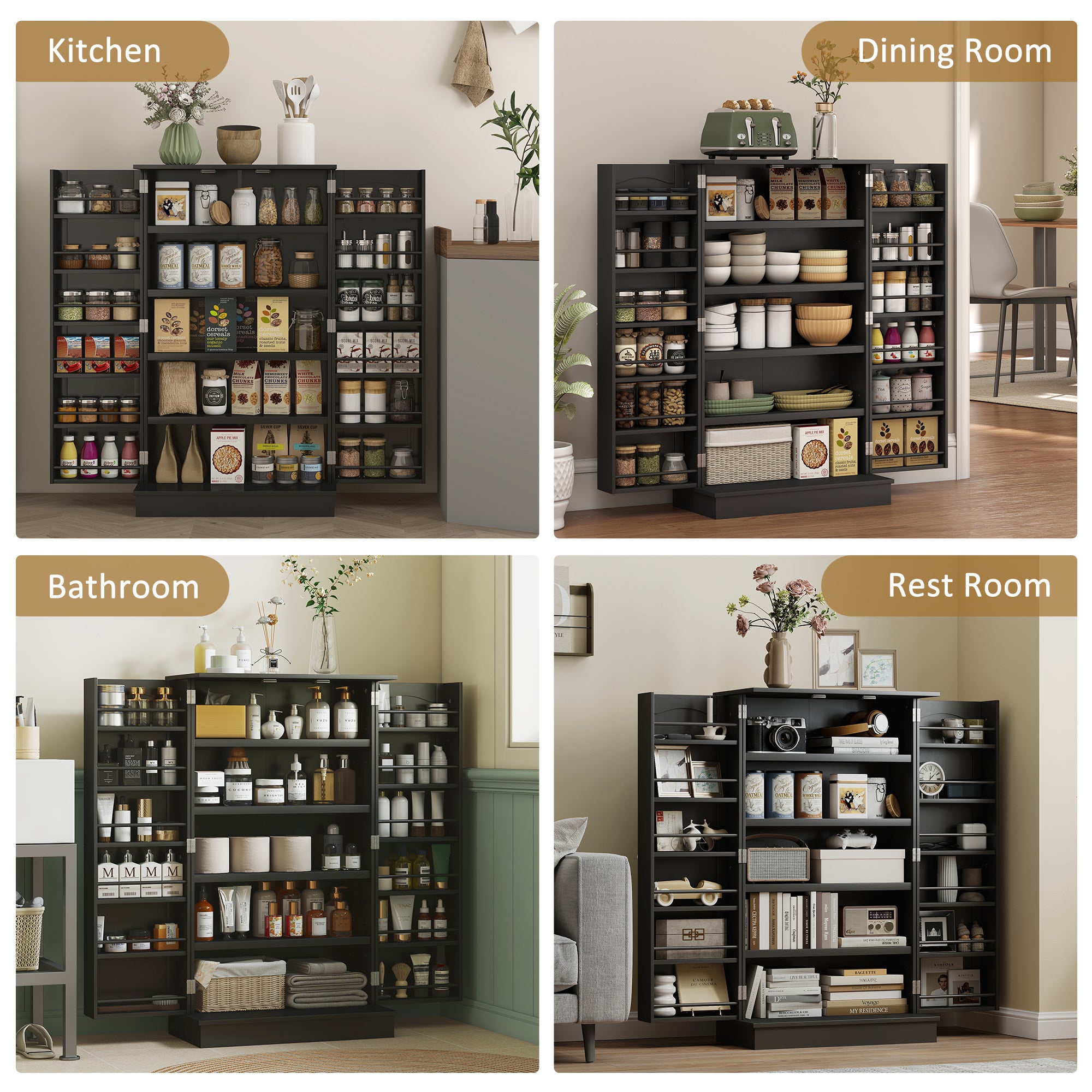 41" Kitchen Pantry Cabinet, 2-Door Buffet Storage Cabinet with 12 Spice Racks and Adjustable Shelves, Black