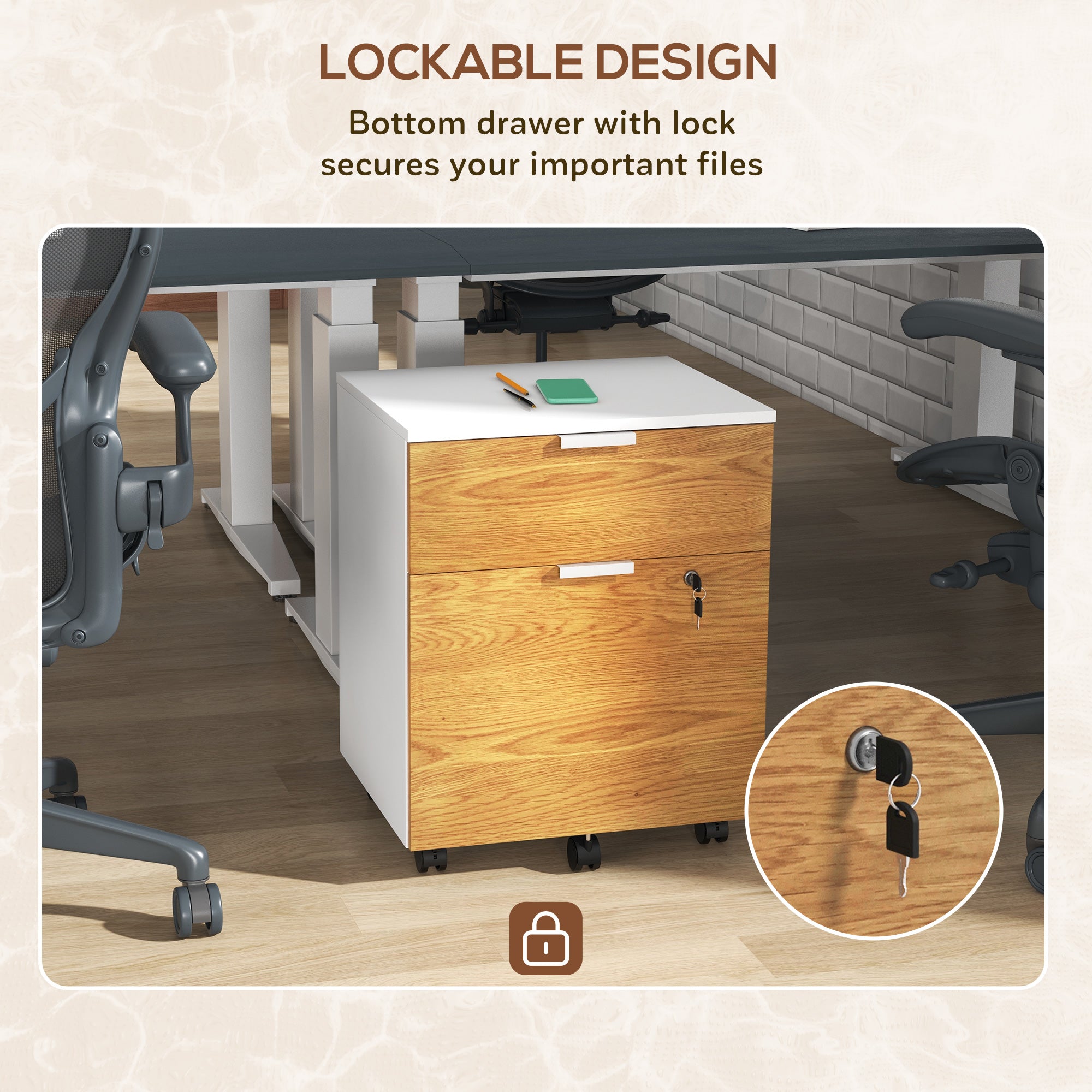 HOMCOM 2 Drawer File Cabinet, Lockable Filing Cabinet on Wheels with Adjustable Hanging Bars for A4, Legal and Letter for Home Office, White and Nature Wood