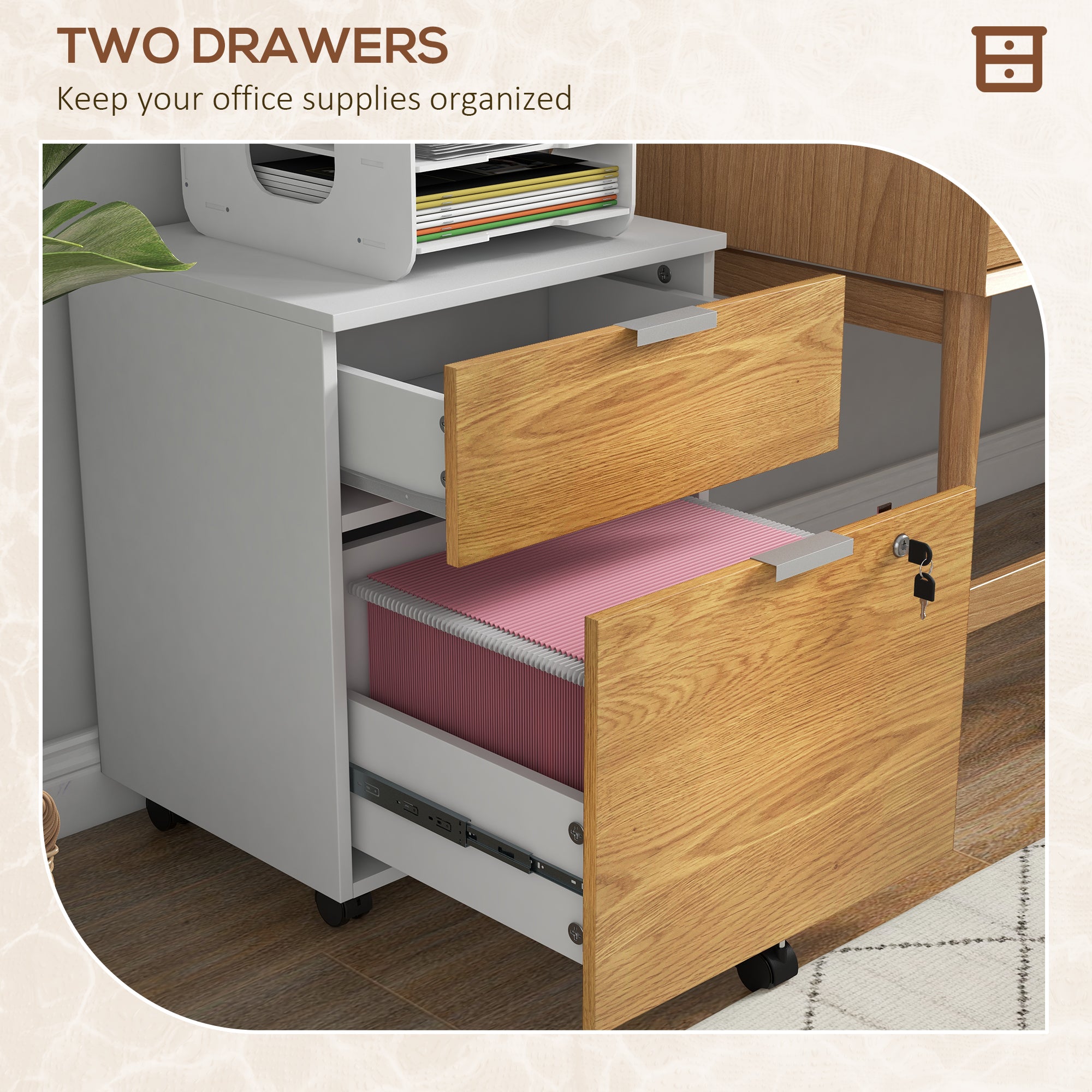 HOMCOM 2 Drawer File Cabinet, Lockable Filing Cabinet on Wheels with Adjustable Hanging Bars for A4, Legal and Letter for Home Office, White and Nature Wood