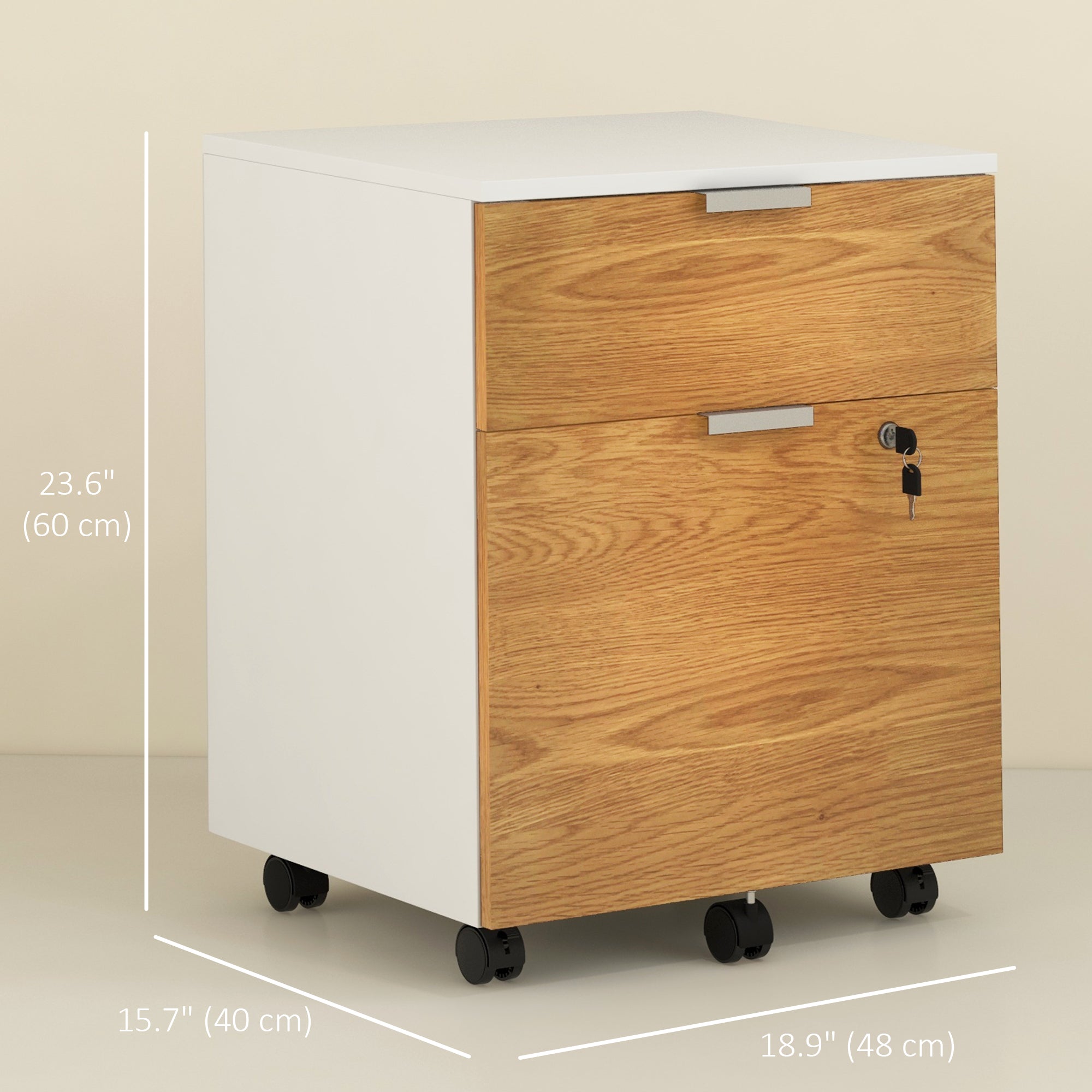HOMCOM 2 Drawer File Cabinet, Lockable Filing Cabinet on Wheels with Adjustable Hanging Bars for A4, Legal and Letter for Home Office, White and Nature Wood