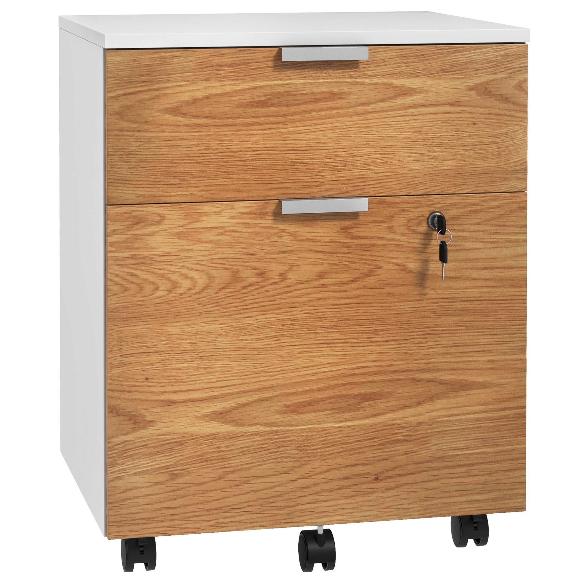 HOMCOM 2 Drawer File Cabinet, Lockable Filing Cabinet on Wheels with Adjustable Hanging Bars for A4, Legal and Letter for Home Office, White and Nature Wood