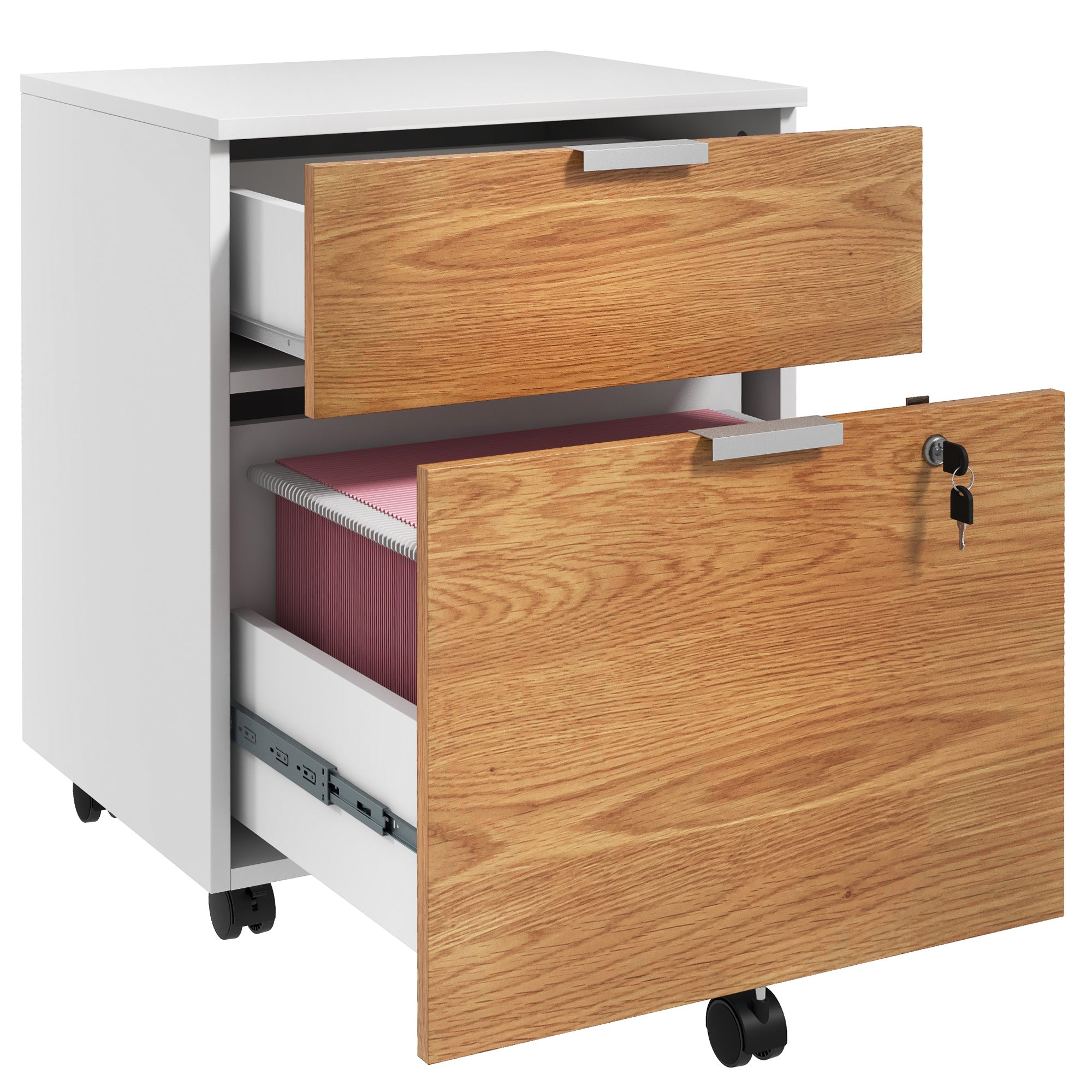 HOMCOM 2 Drawer File Cabinet, Lockable Filing Cabinet on Wheels with Adjustable Hanging Bars for A4, Legal and Letter for Home Office, White and Nature Wood