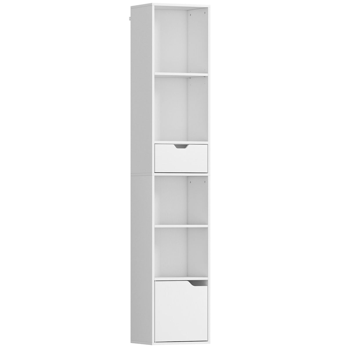 6-Tier Bookcase, Tall Narrow Bookshelf with Drawer, Door, Adjustable Shelf, Modern Display Standing Shelving Unit for Living Room, Home Office, Bedroom, 30 x 24 x 158 cm, White