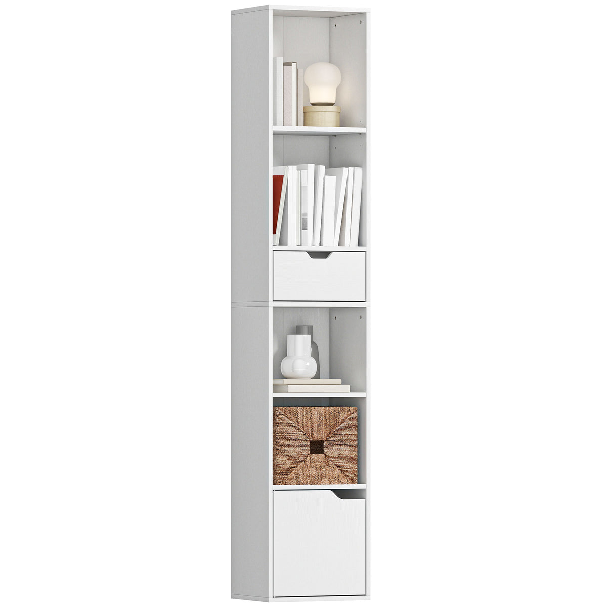 6-Tier Bookcase, Tall Narrow Bookshelf with Drawer, Door, Adjustable Shelf, Modern Display Standing Shelving Unit for Living Room, Home Office, Bedroom, 30 x 24 x 158 cm, White