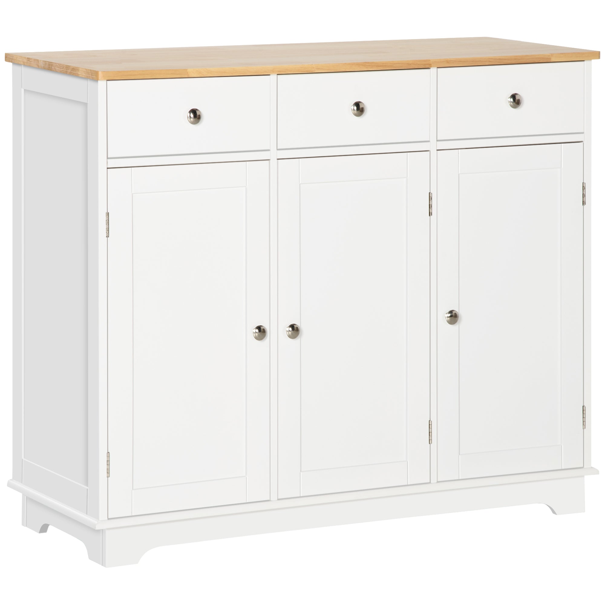 Modern Sideboard with Rubberwood Top, Buffet Cabinet with Storage Cabinets, Drawers and Adjustable Shelves, White