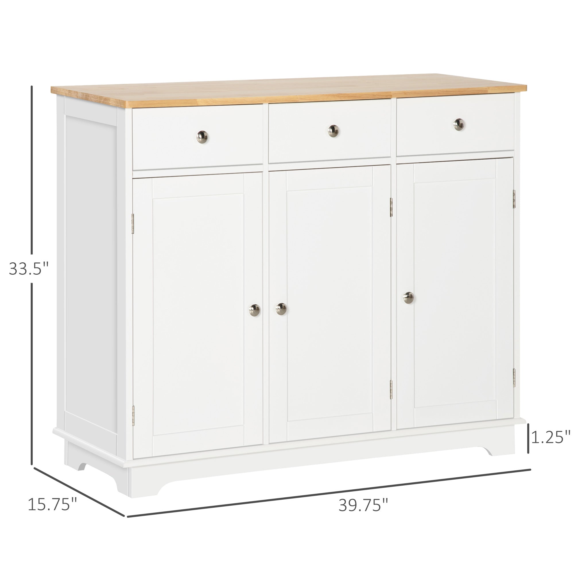 Modern Sideboard with Rubberwood Top, Buffet Cabinet with Storage Cabinets, Drawers and Adjustable Shelves, White