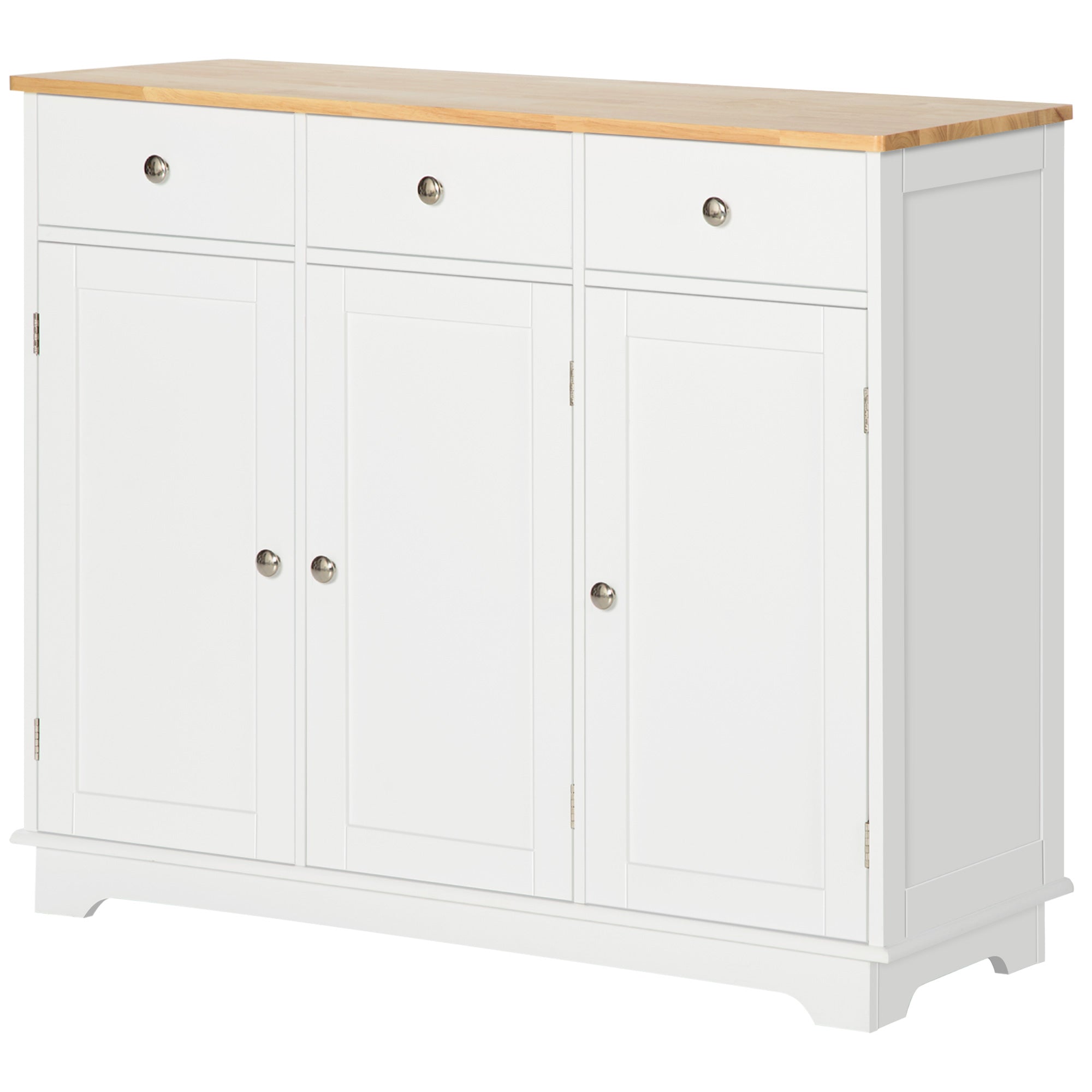 Modern Sideboard with Rubberwood Top, Buffet Cabinet with Storage Cabinets, Drawers and Adjustable Shelves, White