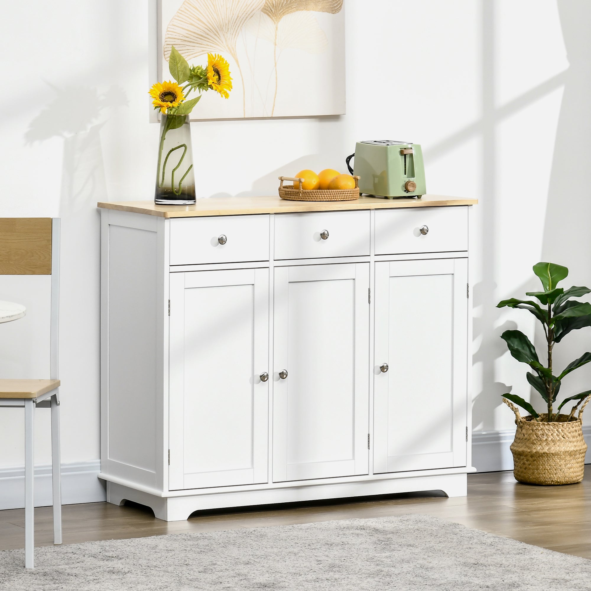 Modern Sideboard with Rubberwood Top, Buffet Cabinet with Storage Cabinets, Drawers and Adjustable Shelves, White