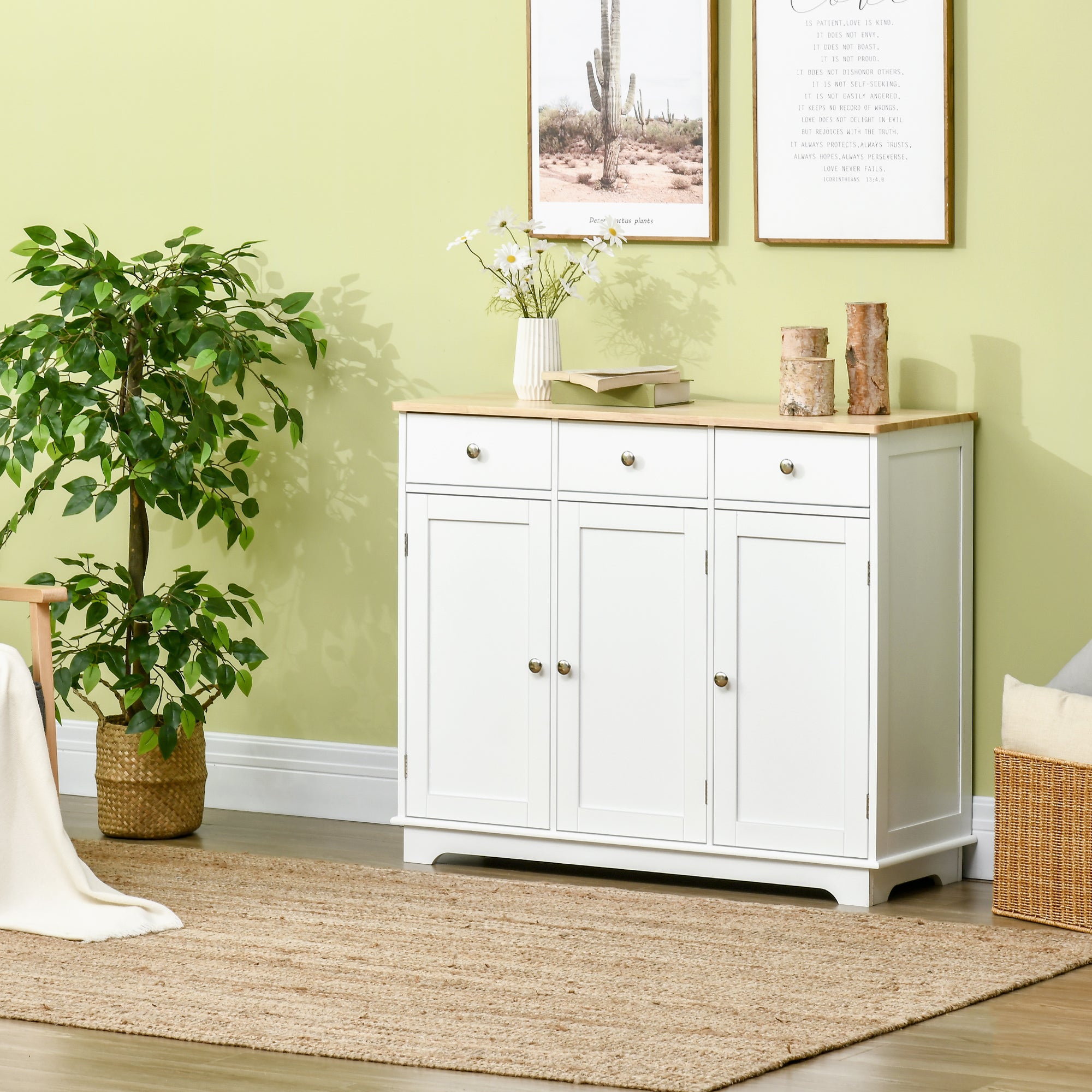 Modern Sideboard with Rubberwood Top, Buffet Cabinet with Storage Cabinets, Drawers and Adjustable Shelves, White