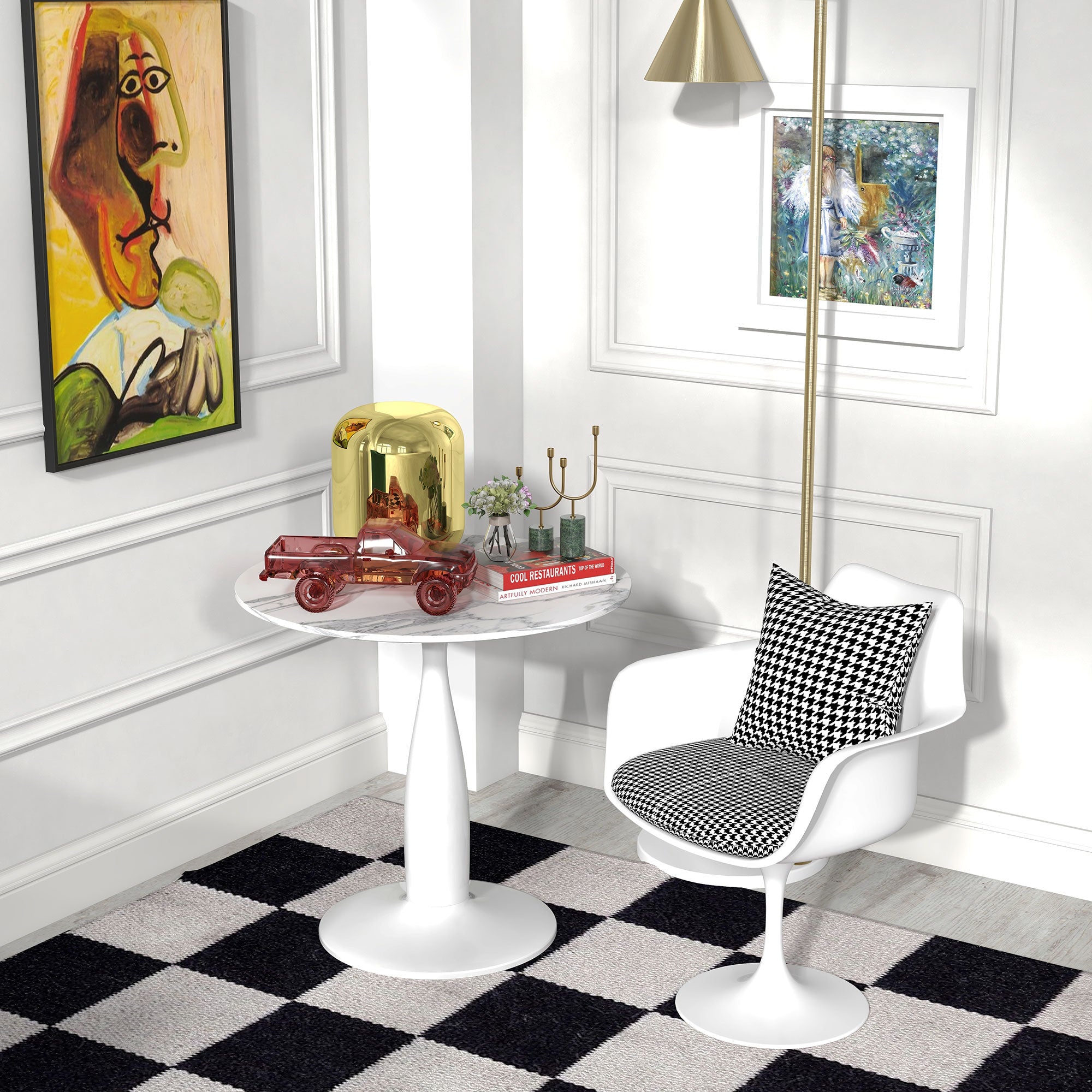 HOMCOM Round Dining Table for 2, Modern Kitchen Table with Steel Base, Non-slip Foot Pad for Living Room, Dining Room, Faux Marbled White