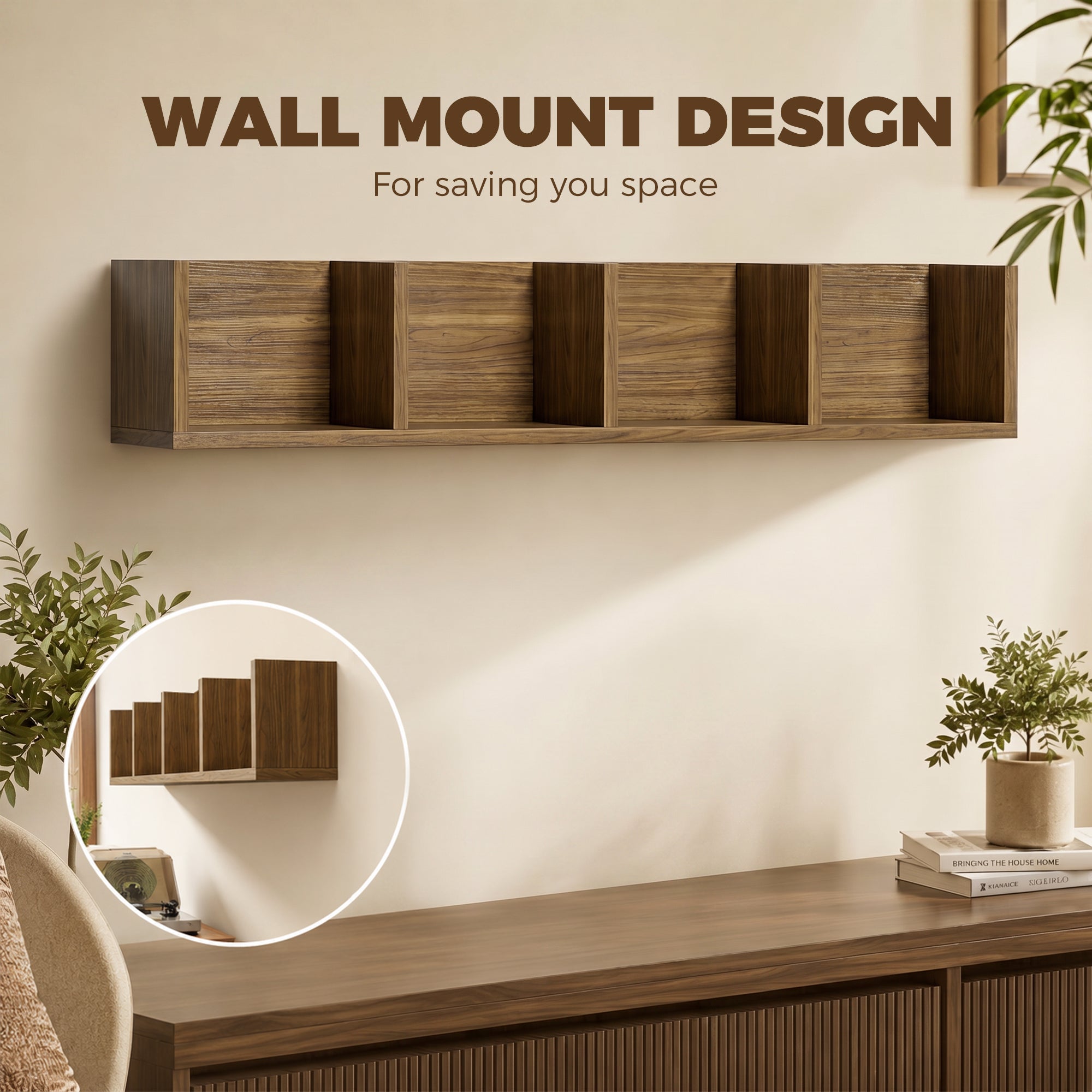 Wall Mount 84 CD / 56 DVD/Blu-ray/ Media Storage Rack 4 Cubes Wooden Shelf Organizer Unit Bookcase Display, Walnut Brown
