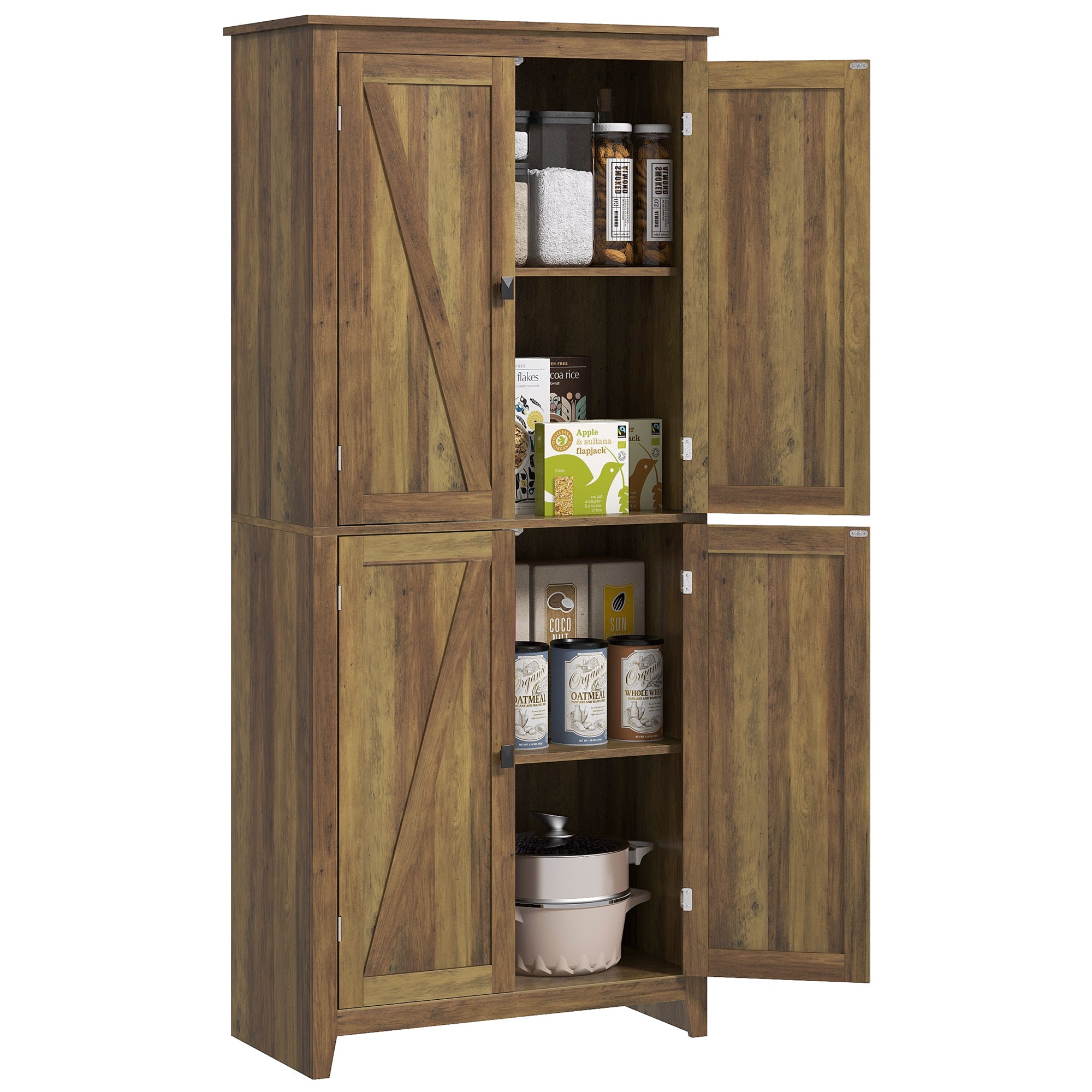 HOMCOM 72" Farmhouse Kitchen Pantry Cabinet, Kitchen Pantry Storage Cabinet with 4 Barn Doors and Adjustable Shelves, Brown