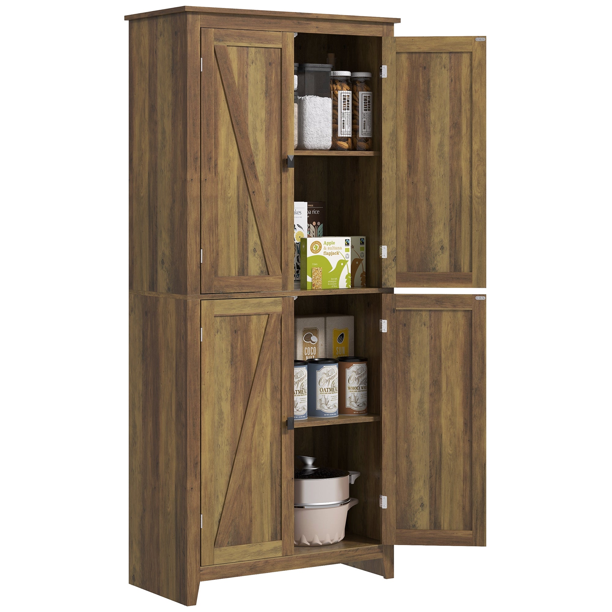 HOMCOM 72" Farmhouse Kitchen Pantry Cabinet, Kitchen Pantry Storage Cabinet with 4 Barn Doors and Adjustable Shelves, Brown