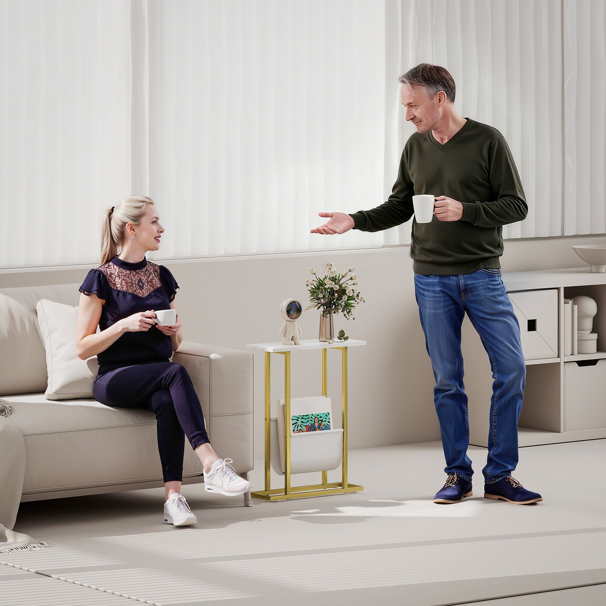 Narrow Side Table, Slim End Table with Magazine Holder, Modern Nightstand for Small Spaces, Living Room, Bedroom, 45 x 18 x 58.5 cm, White Marble Grain