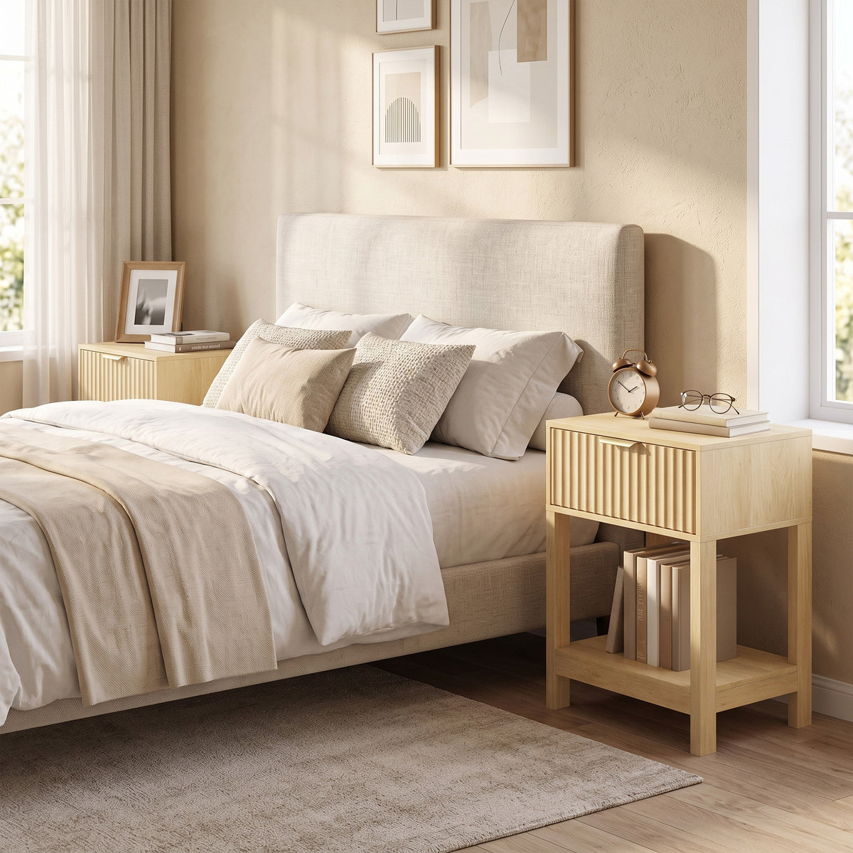 Modern Nightstand Set of 2, Slim Bedside Table with Drawer, Open Shelf and Charging Station, Night Stand with AC Power Outlets, USB and Type-C Port for Bedroom, Oak