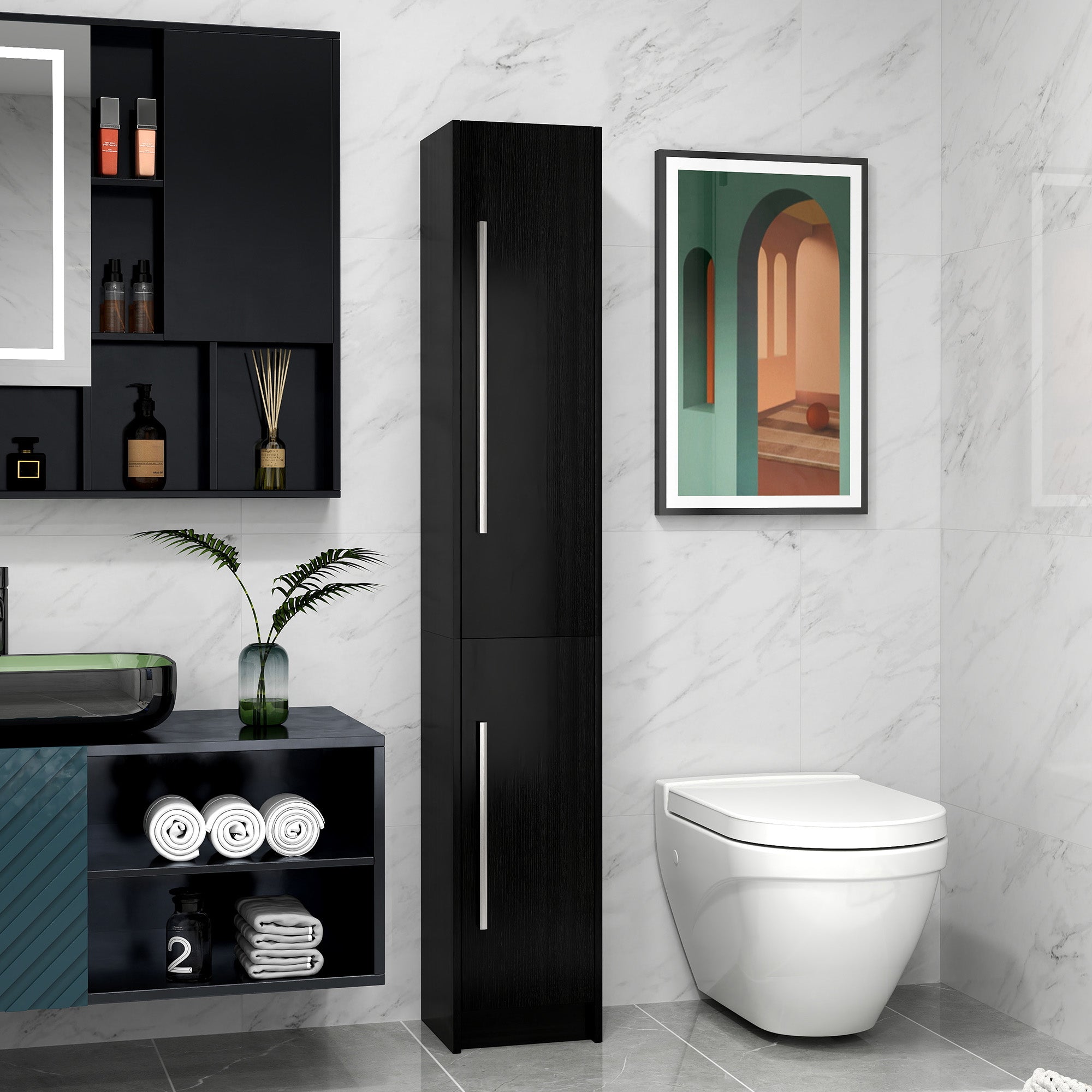 HOMCOM Tall Bathroom Storage Cabinet, Freestanding Narrow Storage Cabinet, Bathroom Floor Cabinet with 2 Doors, Black Wood Grain