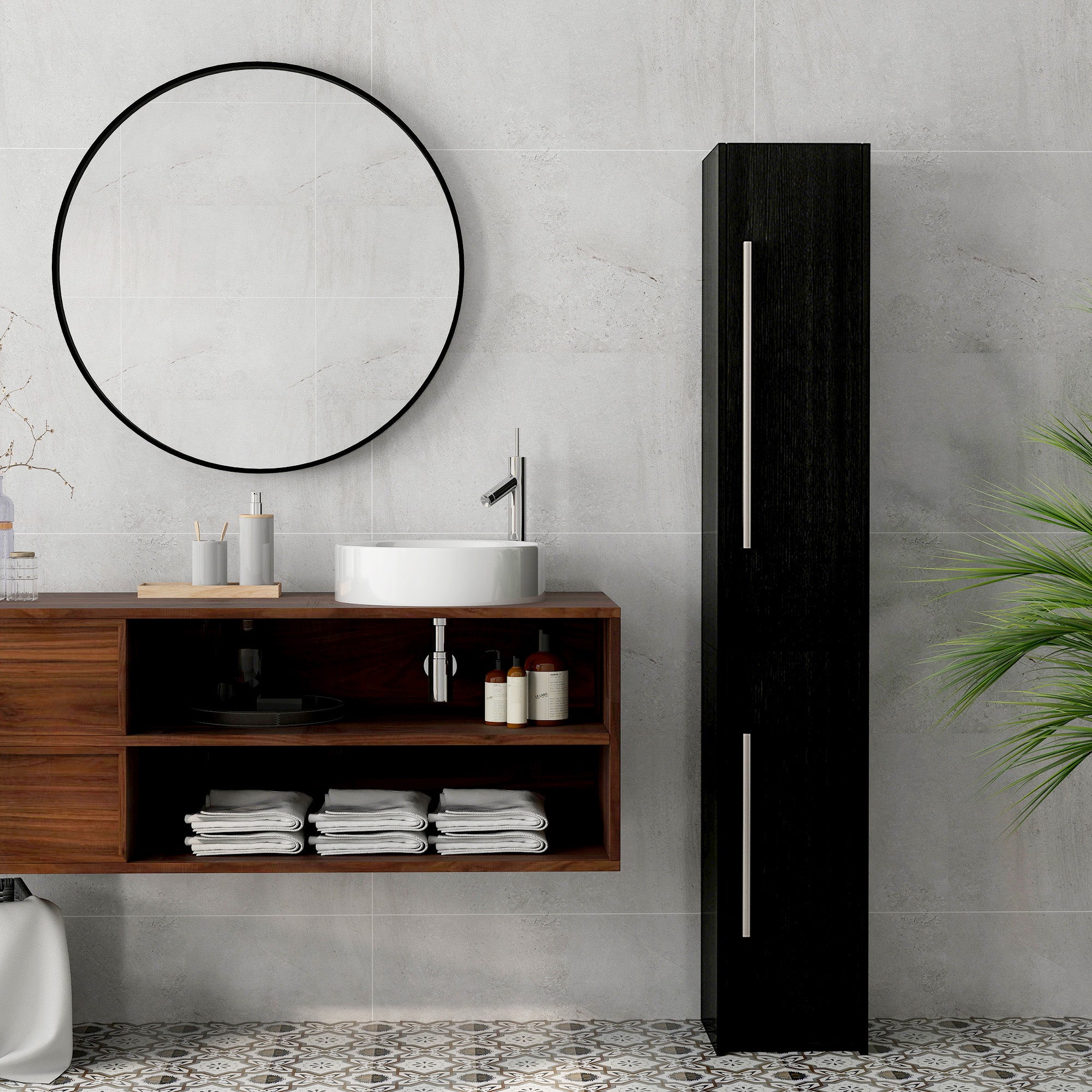 HOMCOM Tall Bathroom Storage Cabinet, Freestanding Narrow Storage Cabinet, Bathroom Floor Cabinet with 2 Doors, Black Wood Grain