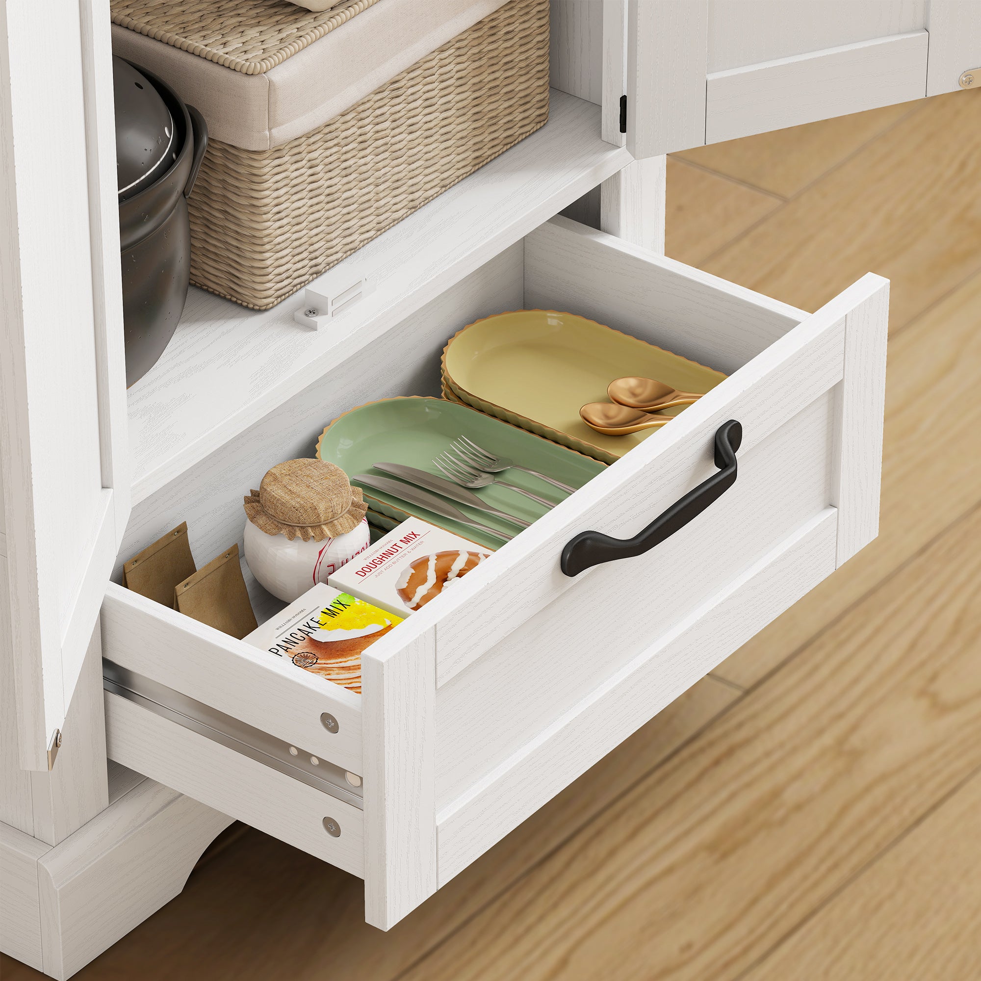 71" Tall Kitchen Pantry, Farmhouse Storage Cabinet with Barn Doors, Drawer and Adjustable Shelves, Freestanding Food Pantry Cabinet for Kitchen, Dining Room, White