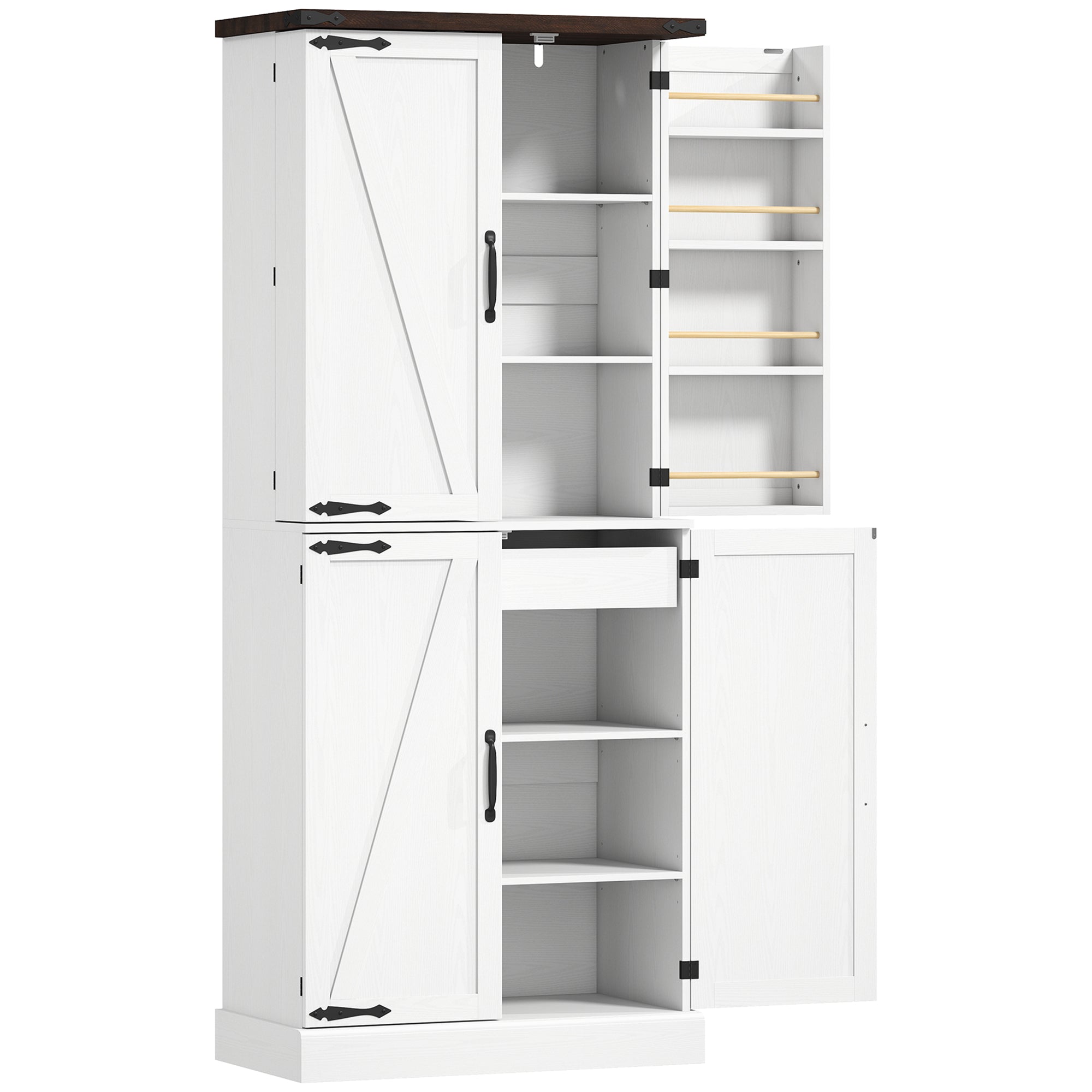 72" Tall Kitchen Pantry Cabinet, Farmhouse Storage Cabinet with 8 Door Racks and Drawer, Freestanding Food Pantry with Adjustable Shelves and Barn Doors, White