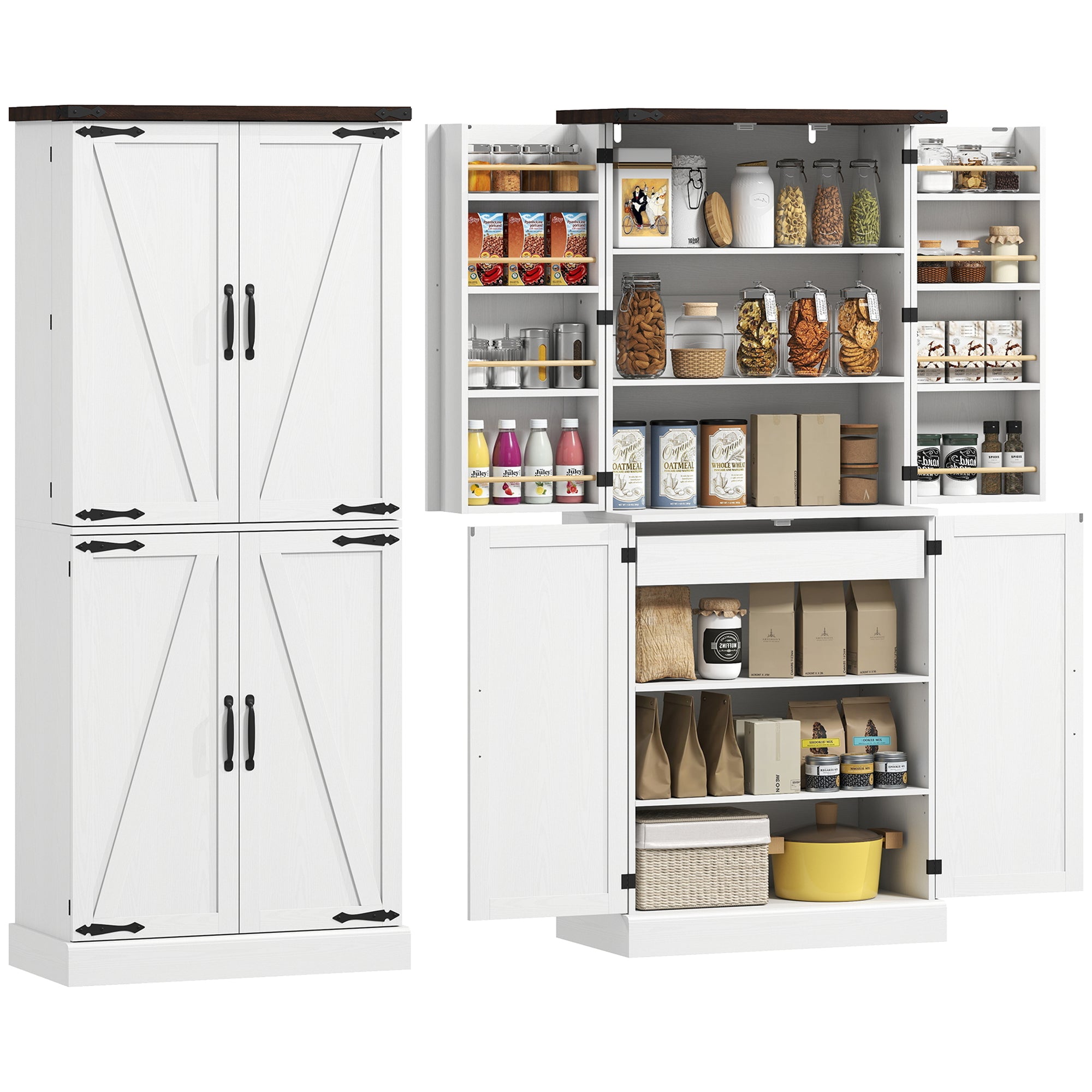 72" Tall Kitchen Pantry Cabinet, Farmhouse Storage Cabinet with 8 Door Racks and Drawer, Freestanding Food Pantry with Adjustable Shelves and Barn Doors, White
