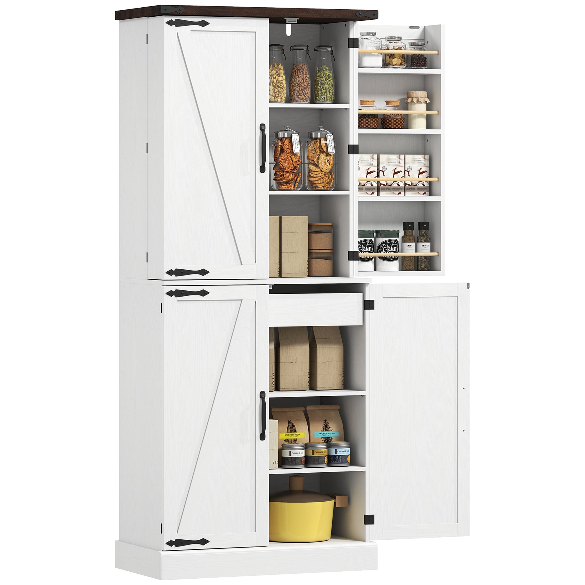 72" Tall Kitchen Pantry Cabinet, Farmhouse Storage Cabinet with 8 Door Racks and Drawer, Freestanding Food Pantry with Adjustable Shelves and Barn Doors, White