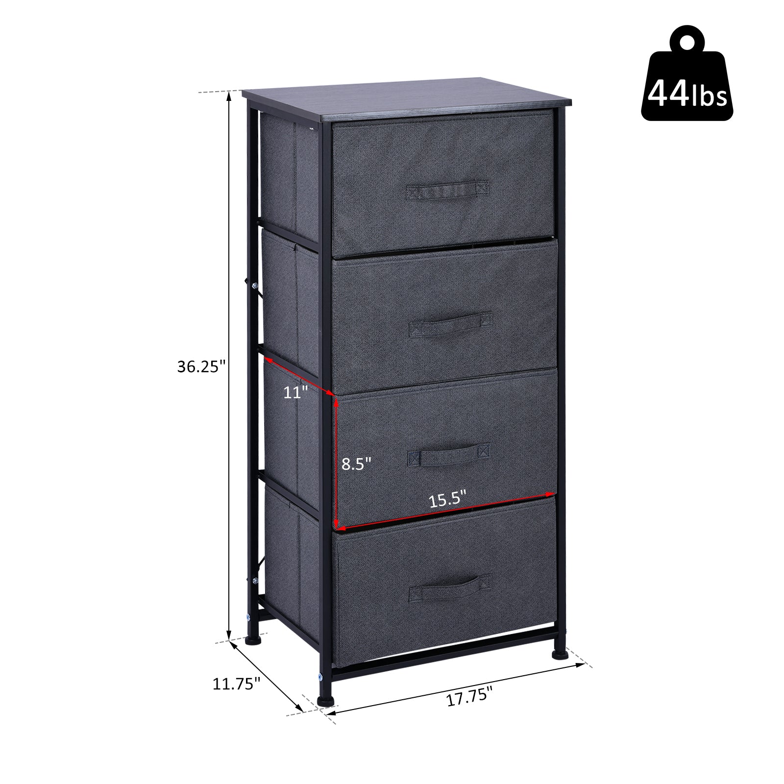 HOMCOM Linen Drawer Cabinet Organizer Storage Dresser Tower with 4 Removable Drawer Metal Frame Adjustable Feet for Living Room, Kitchen, Bathroom, Black