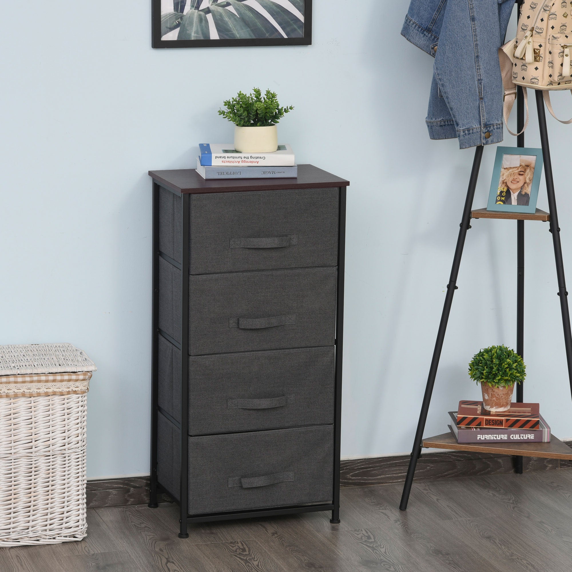 4-Drawer Linen Storage Organizer with Metal Frame & Adjustable Feet for Living Room, Black 4-Drawer Linen Storage Organizer with Metal Frame & Adjustable Feet for Living Room, Black