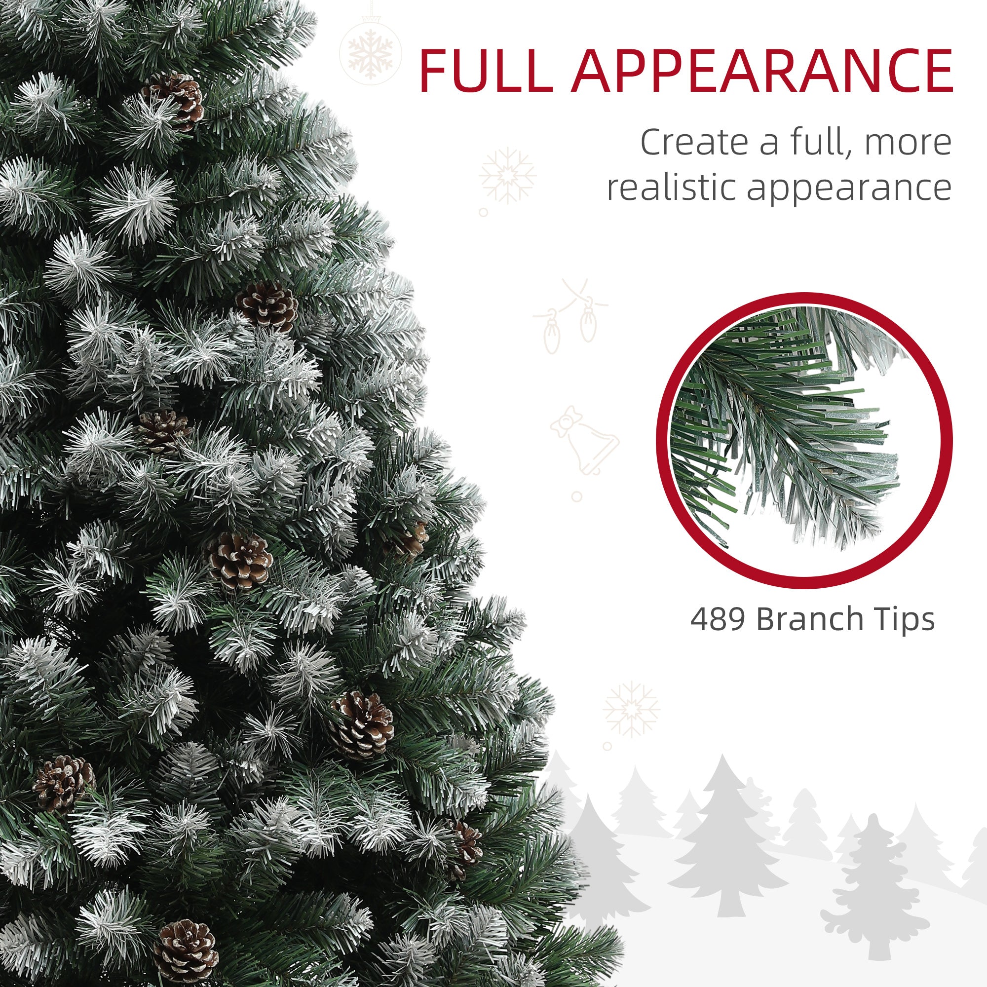 HOMCOM 5ft Artificial Pine Christmas Tree with 489 Branch Tips and Steel Base, Realistic Hinged Tree with Pinecones, Holiday Décor for Home Office, Green