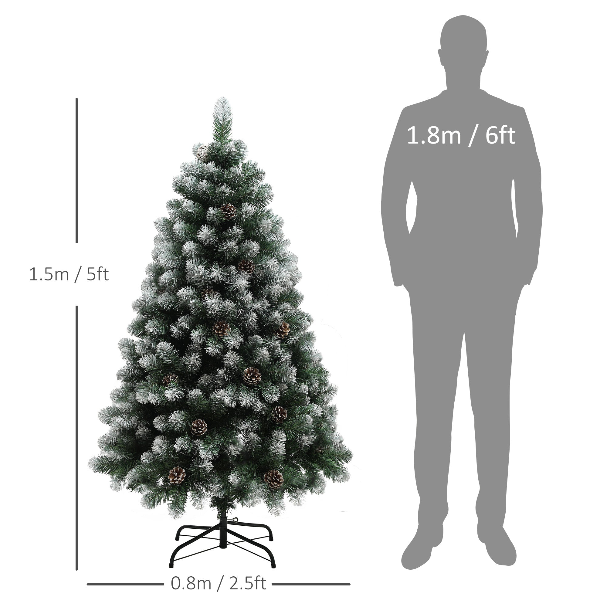 HOMCOM 5ft Artificial Pine Christmas Tree with 489 Branch Tips and Steel Base, Realistic Hinged Tree with Pinecones, Holiday Décor for Home Office, Green