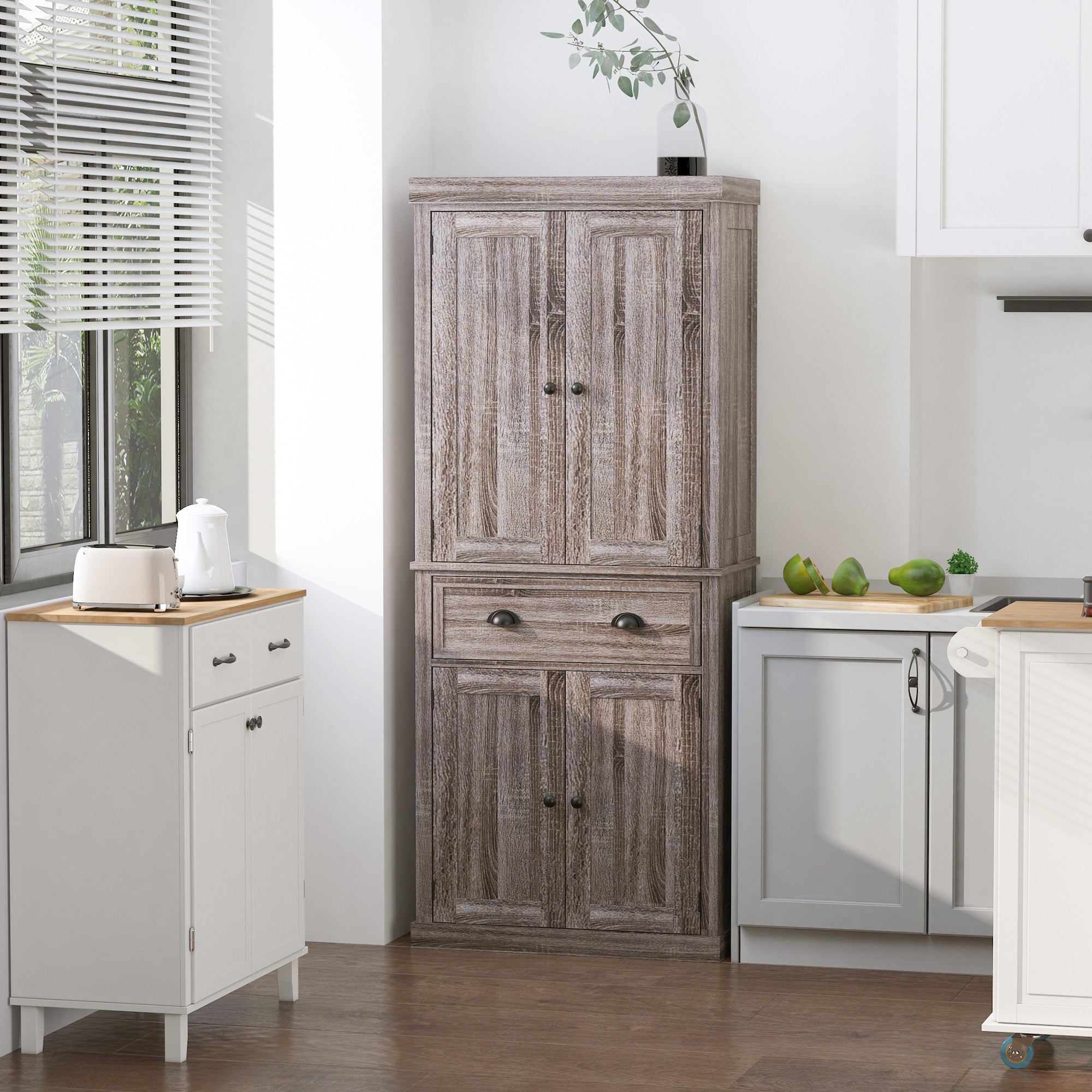 HOMCOM Freestanding Kitchen Cupboard, 184cm Tall Storage Cabinet with Doors and Shelves, Traditional Colonial 4-Door Kitchen Pantry Cupboard with Drawer, Dark Wood Grain
