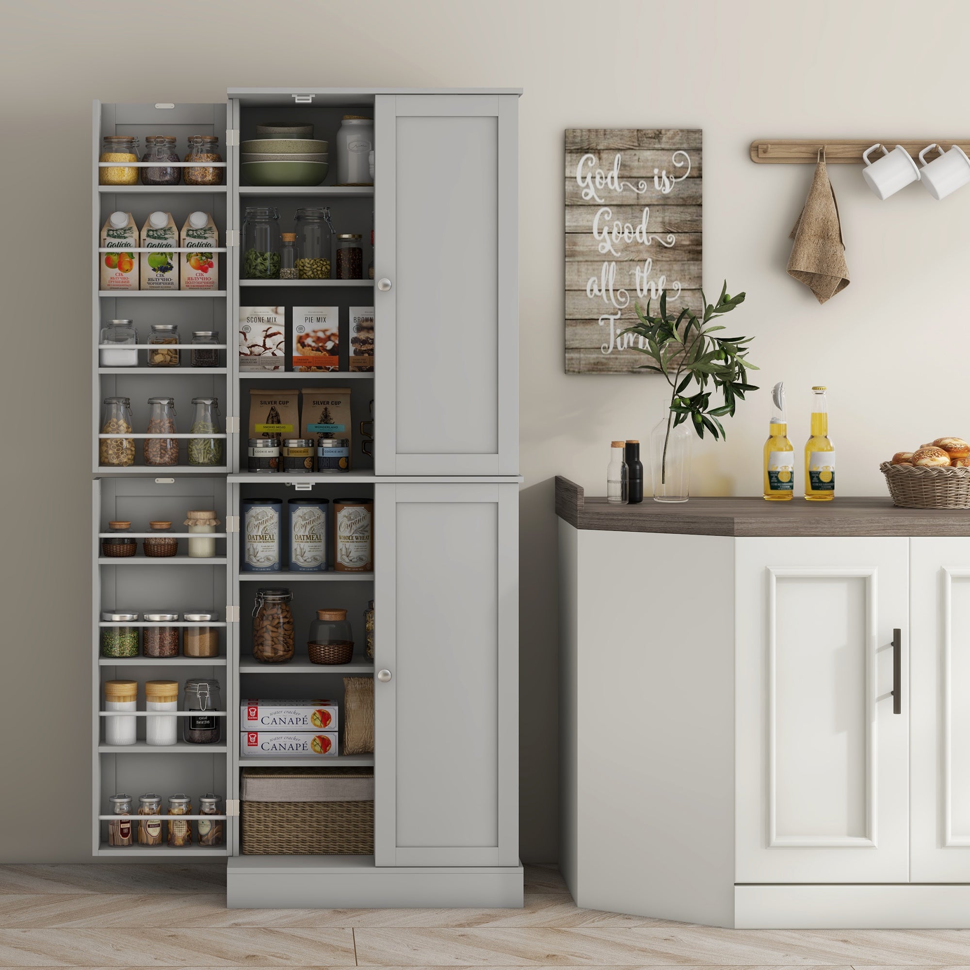 65" Kitchen Pantry Cabinet, Modern Kitchen Pantry with Doors and Shelves, Freestanding Buffet Storage Cabinet with Spice Racks for Dining Room, Grey