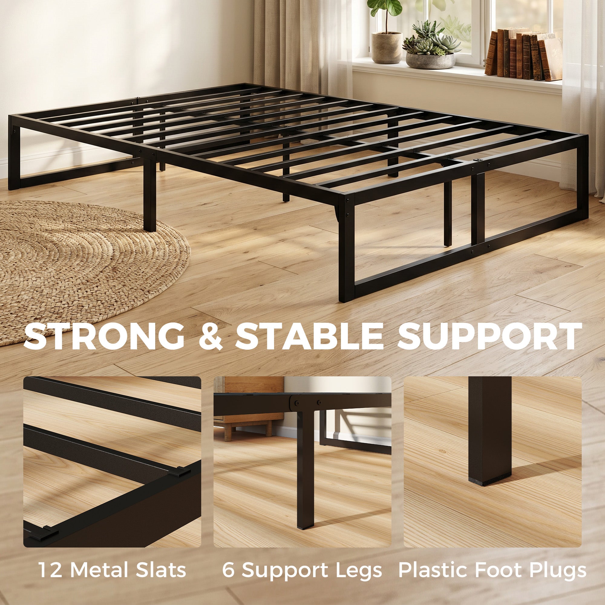 4ft6 Double Bed Frame with Underbed Storage, 32.5 cm Height, Metal Platform Bed Frame with Steel Slat Support, Noise-Free, Easy Assembly, Black