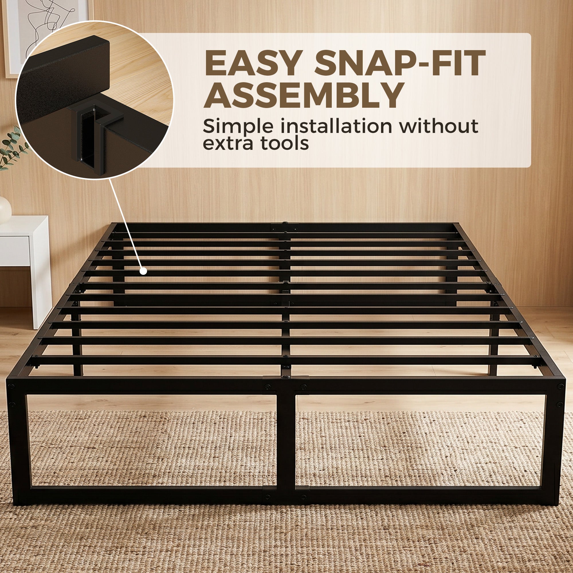 4ft6 Double Bed Frame with Underbed Storage, 32.5 cm Height, Metal Platform Bed Frame with Steel Slat Support, Noise-Free, Easy Assembly, Black