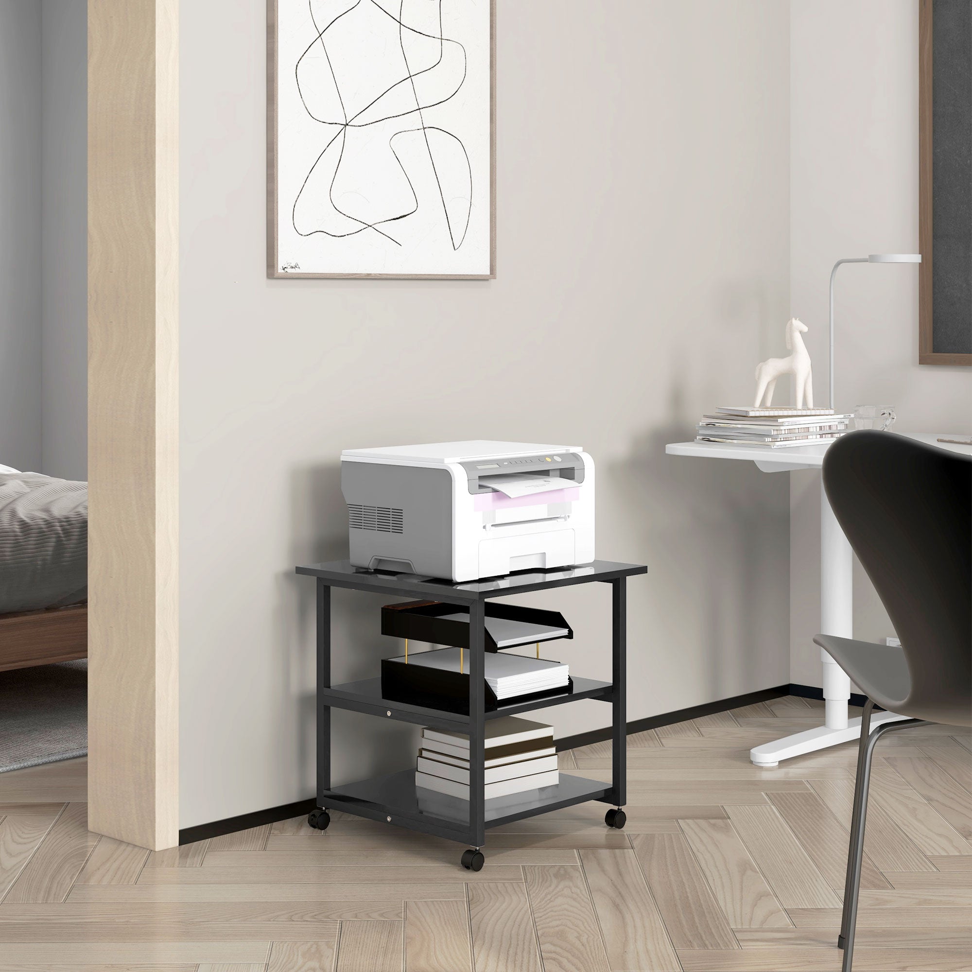 HOMCOM 3-Tier Printer Stand with Storage Shelf, Mobile Printer Table on Wheels, 50 x 50 x 52.5cm Rolling Printer Cart for Home Office, Black