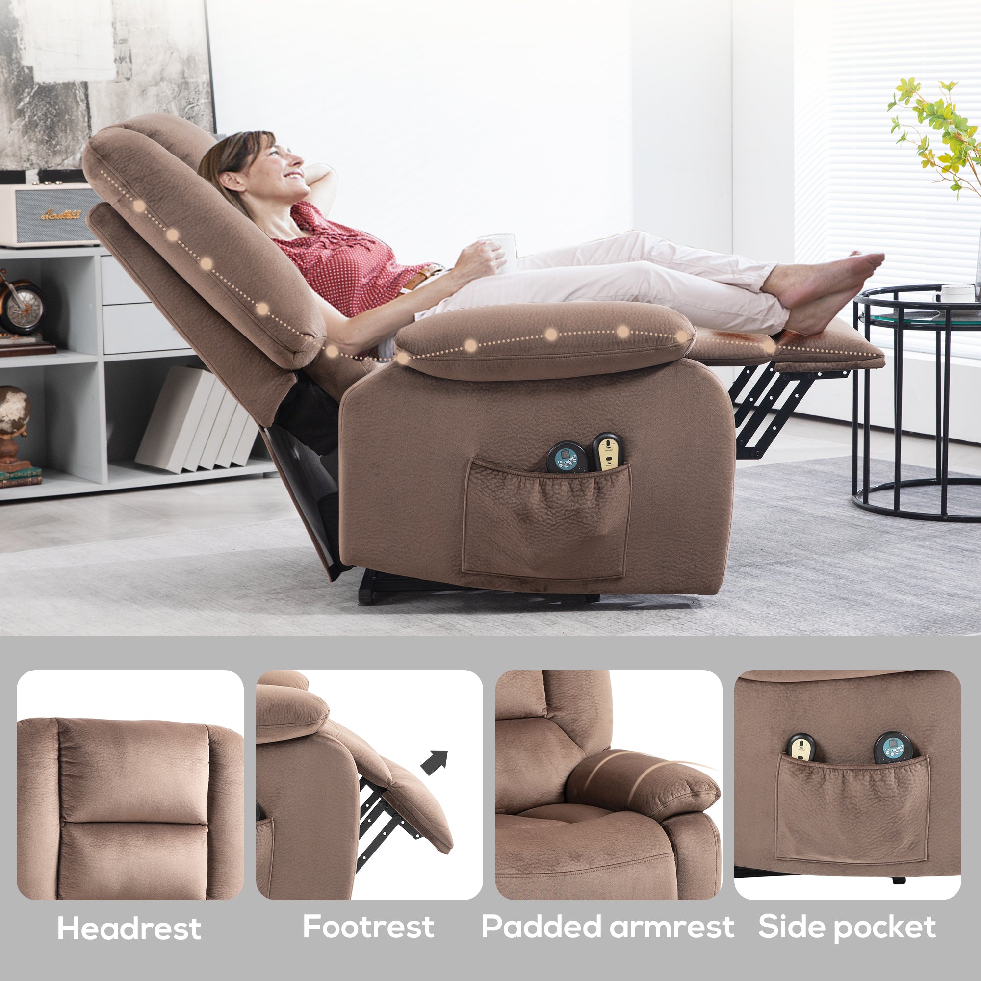 HOMCOM Power Lift Riser and Recliner Chair with Vibration Massage and Heat, Velvet Fabric Electric Recliner Armchair for Elderly with Remote Controllers, Side Pocket, Quick Assembly, Brown