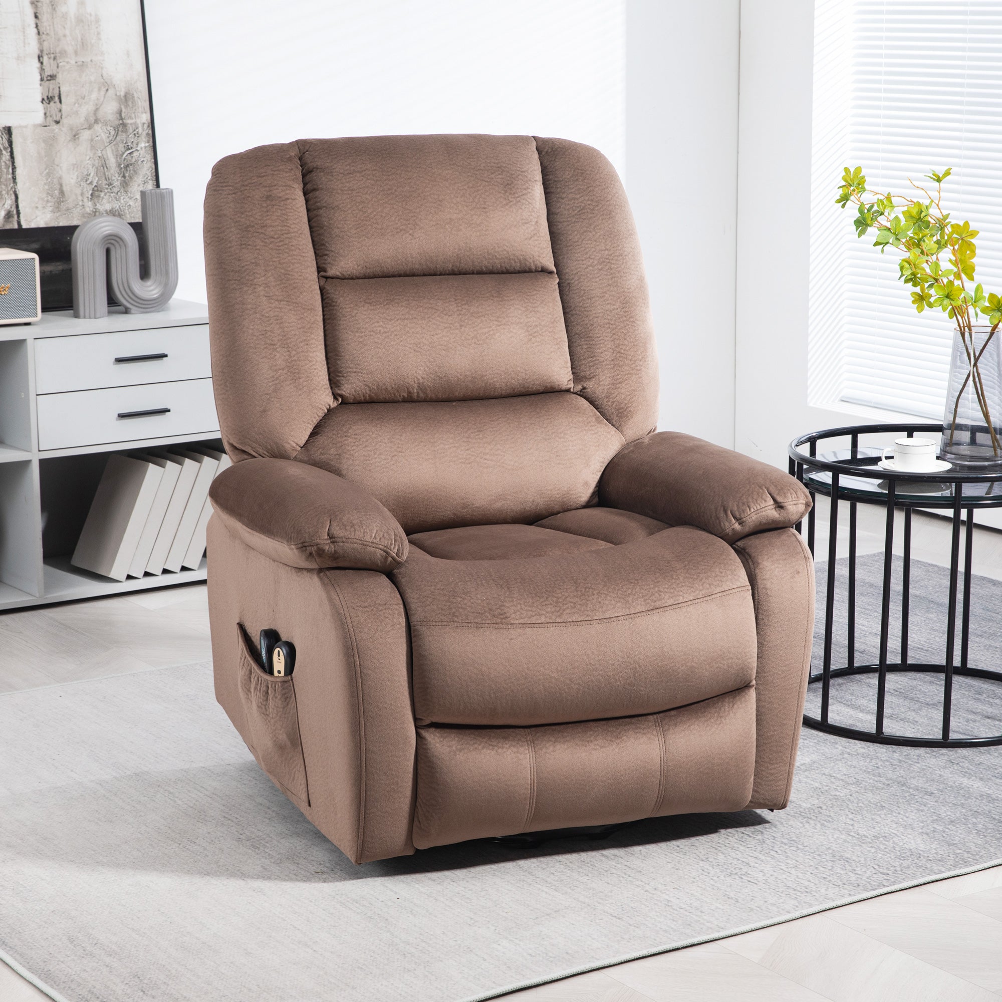 HOMCOM Power Lift Riser and Recliner Chair with Vibration Massage and Heat, Velvet Fabric Electric Recliner Armchair for Elderly with Remote Controllers, Side Pocket, Quick Assembly, Brown