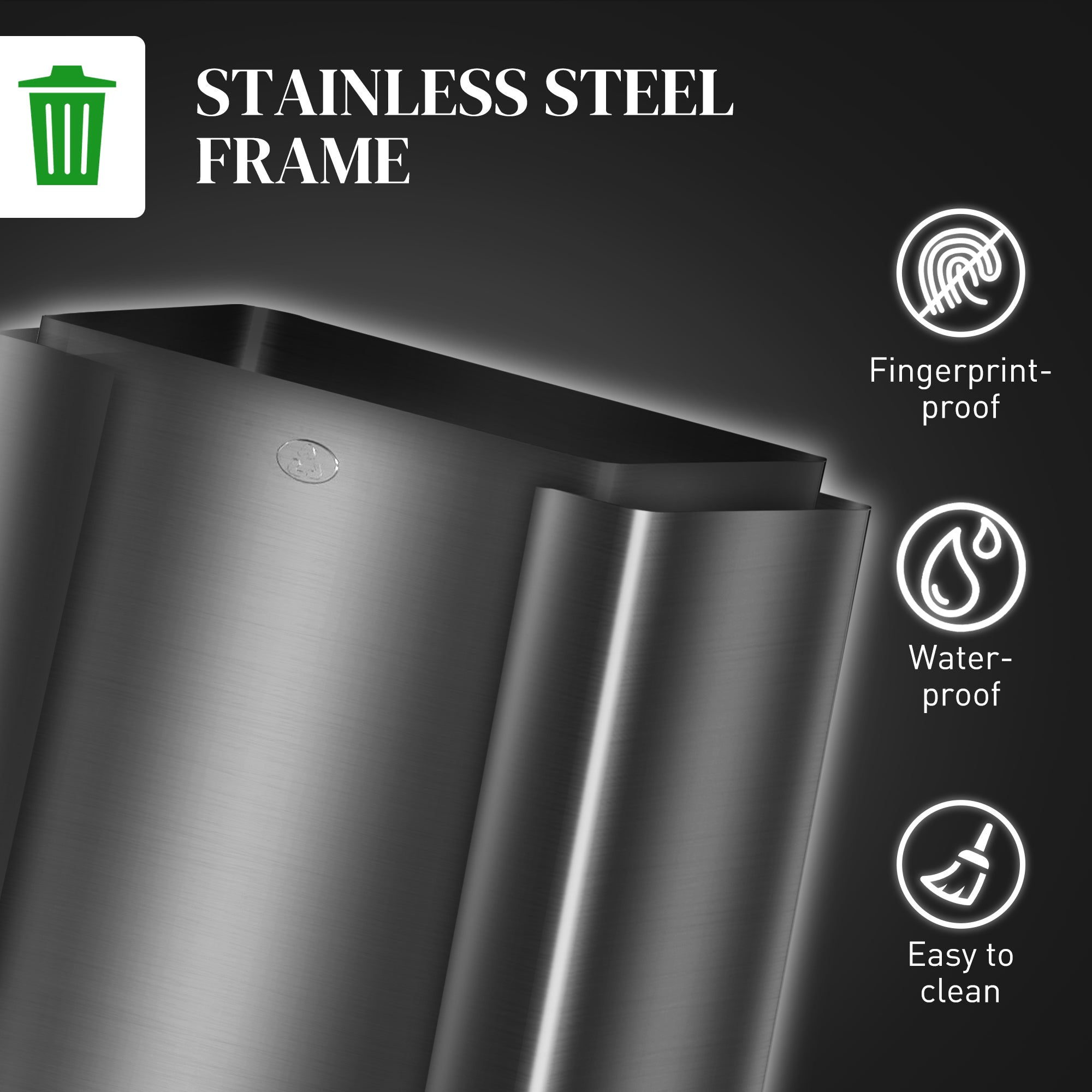 HOMCOM 45L Kitchen Bin, Stainless Steel Pedal Bin with 3 Compartments, Soft Close Lid, Removable Inner Buckets, Fingerprint-Proof for Recycling and Waste, 3 x 15L, Black