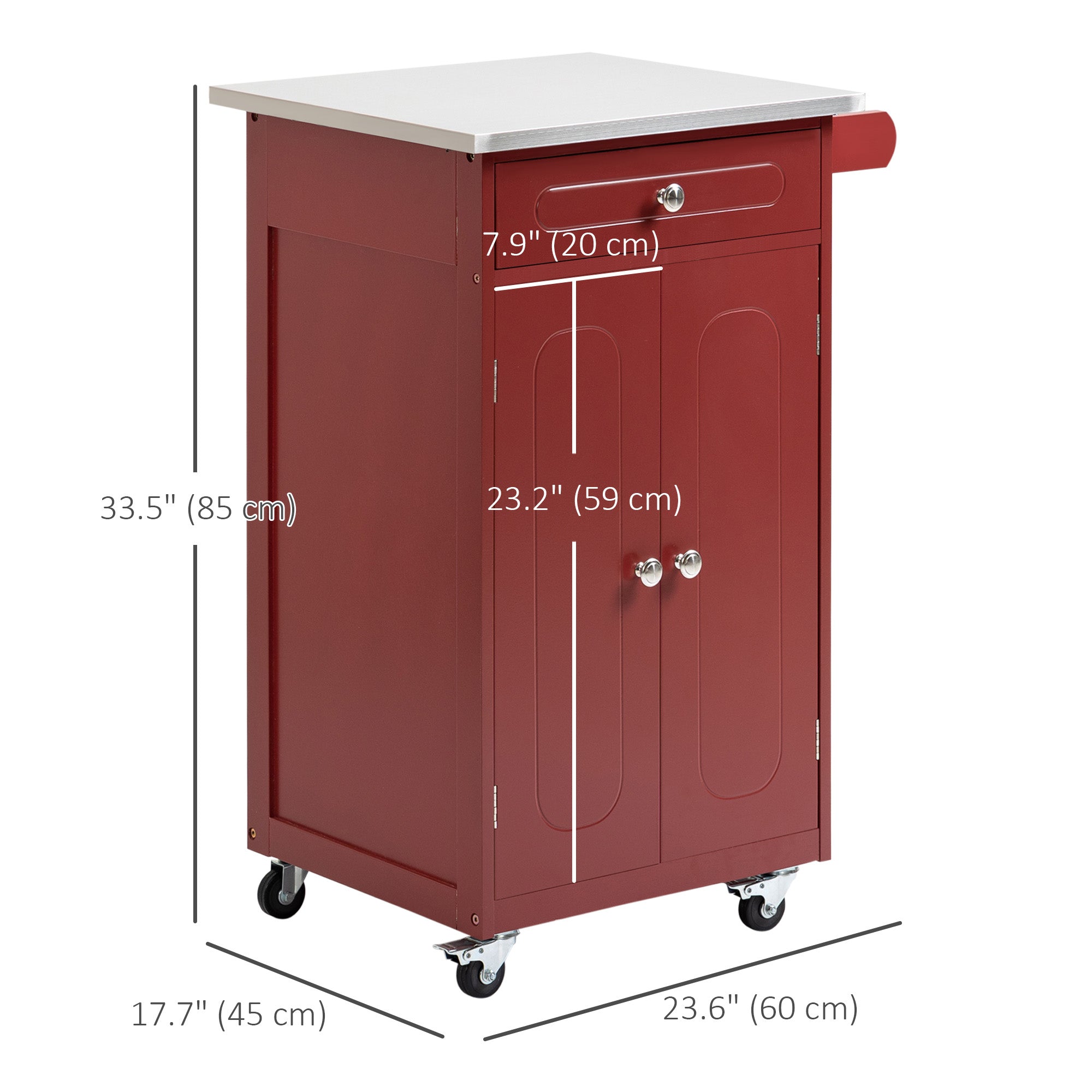 HOMCOM Kitchen Cart, Small Kitchen Island, Stainless Steel Top Utility Trolley on Wheels with Storage Drawer for Dining Room, Kitchen (Red)