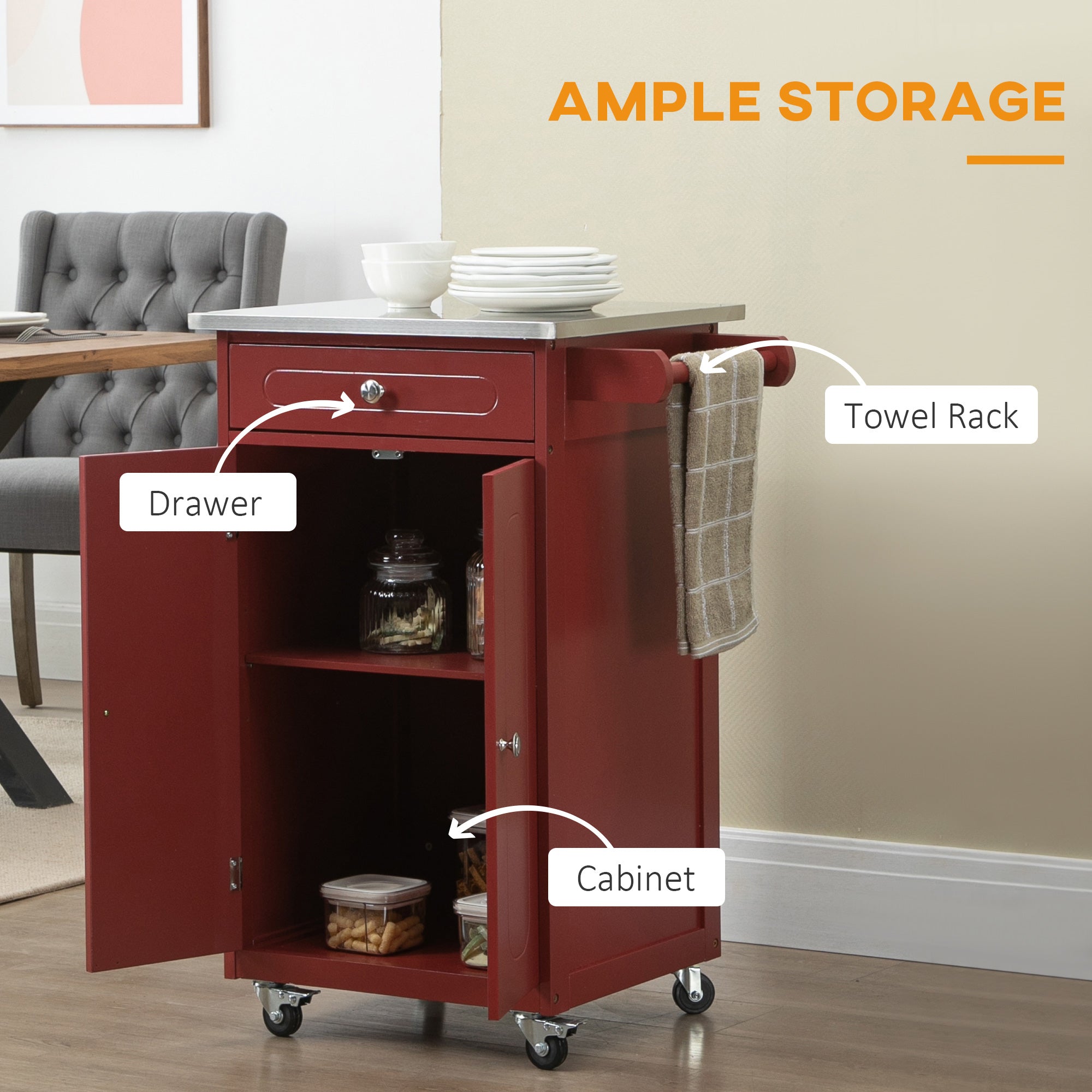 HOMCOM Kitchen Cart, Small Kitchen Island, Stainless Steel Top Utility Trolley on Wheels with Storage Drawer for Dining Room, Kitchen (Red)