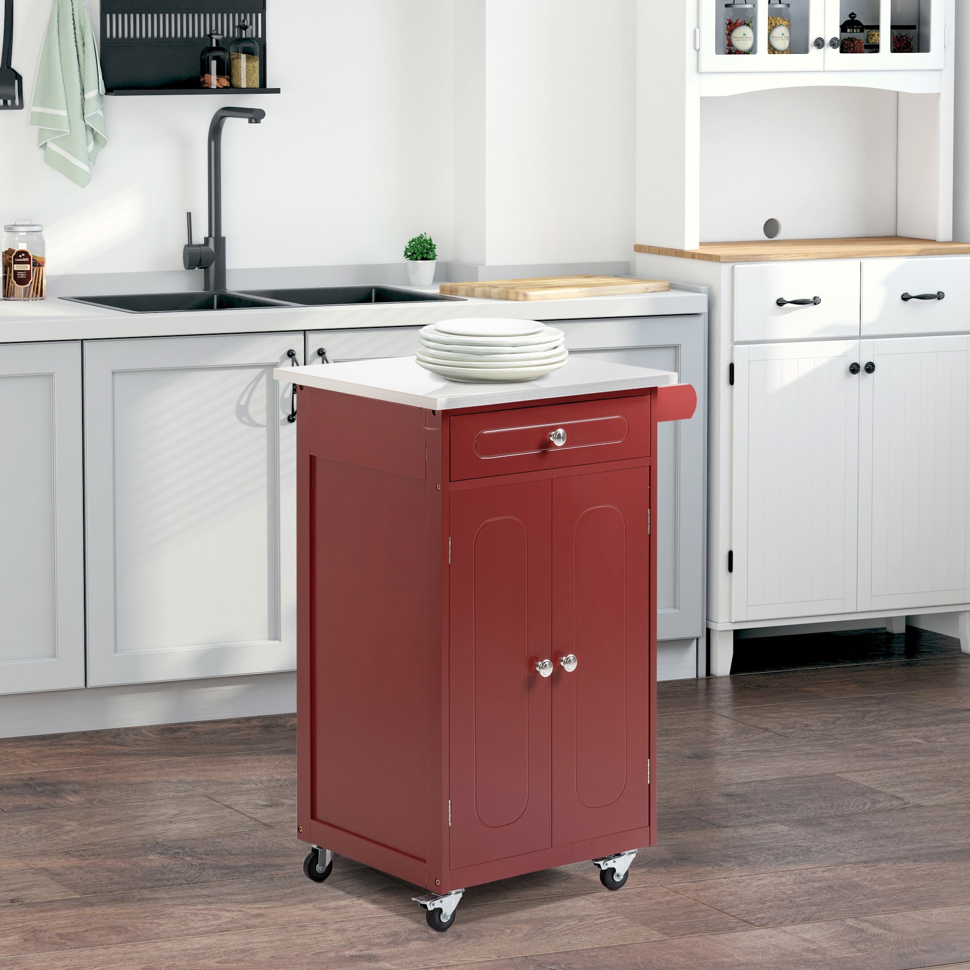 HOMCOM Kitchen Cart, Small Kitchen Island, Stainless Steel Top Utility Trolley on Wheels with Storage Drawer for Dining Room, Kitchen (Red)