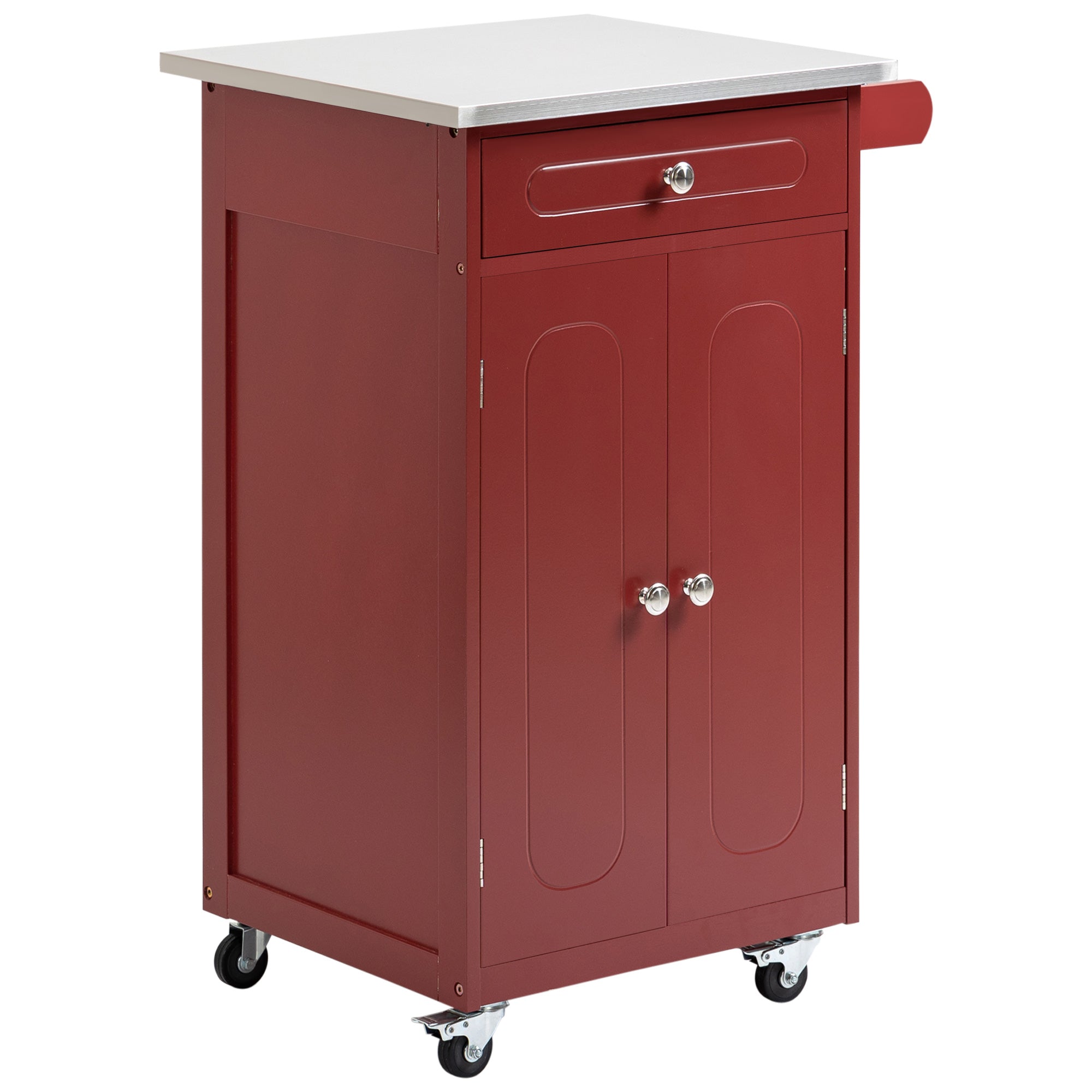 HOMCOM Kitchen Cart, Small Kitchen Island, Stainless Steel Top Utility Trolley on Wheels with Storage Drawer for Dining Room, Kitchen (Red)