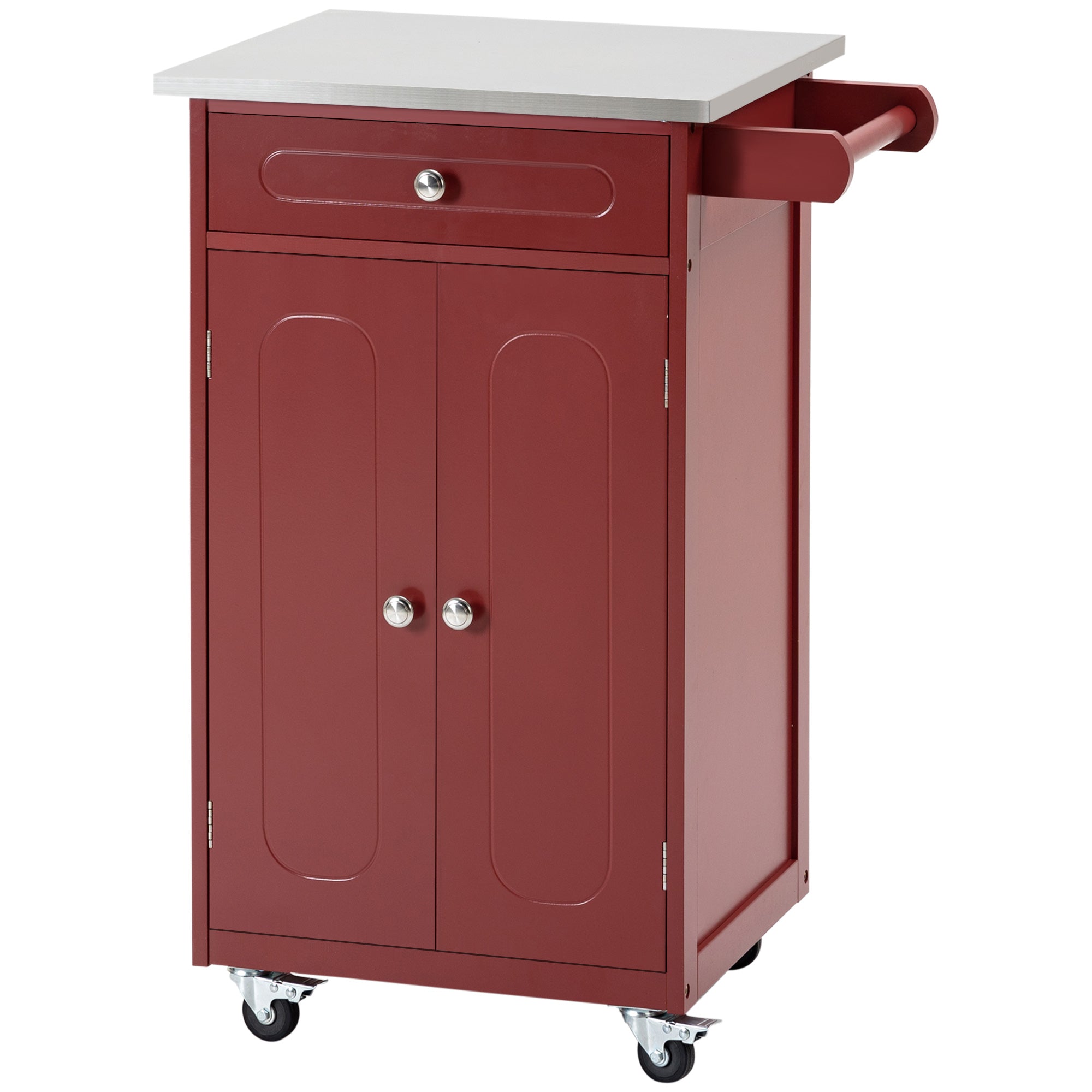 HOMCOM Kitchen Cart, Small Kitchen Island, Stainless Steel Top Utility Trolley on Wheels with Storage Drawer for Dining Room, Kitchen (Red)