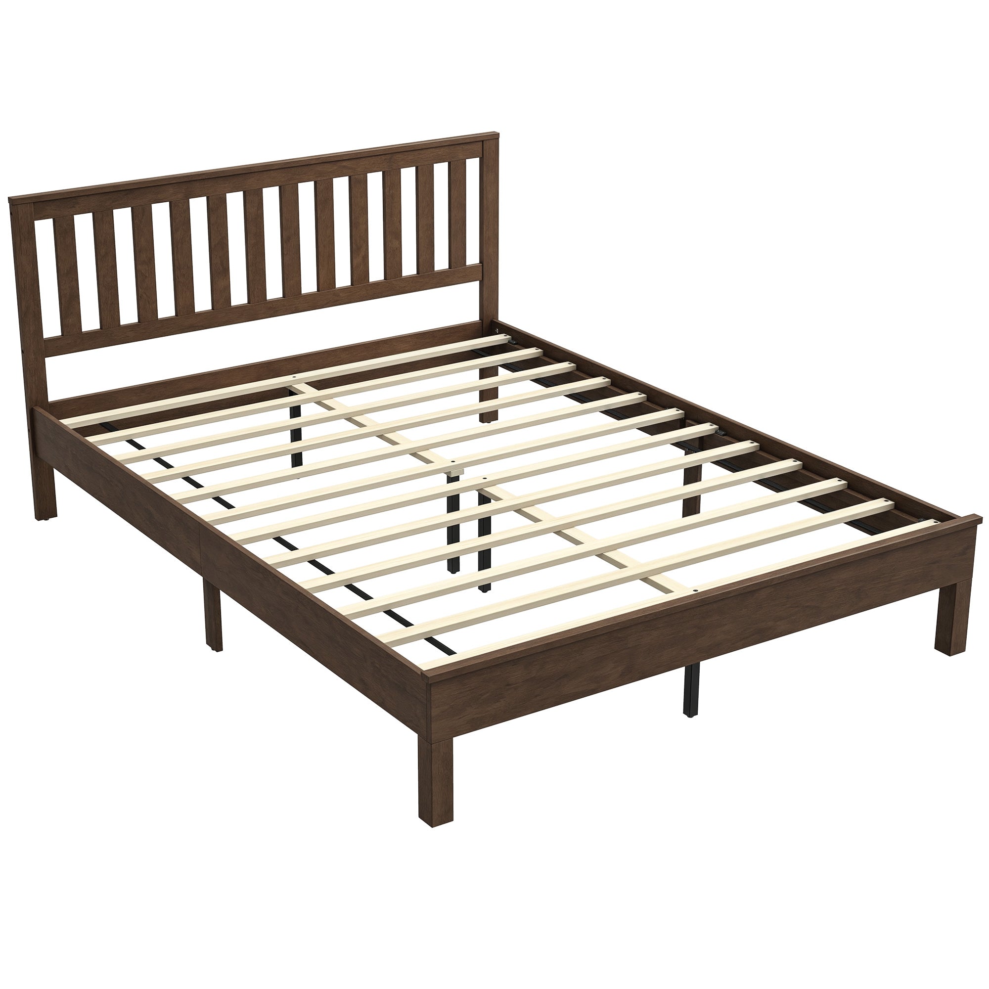 Queen Size Wood Platform Bed Frame with Headboard and Footboard, Mid-Century Bed Frame with Slat Support, Mattress Foundation with Under-Bed Storage, No Box Spring Needed, Easy Assembly, Walnut