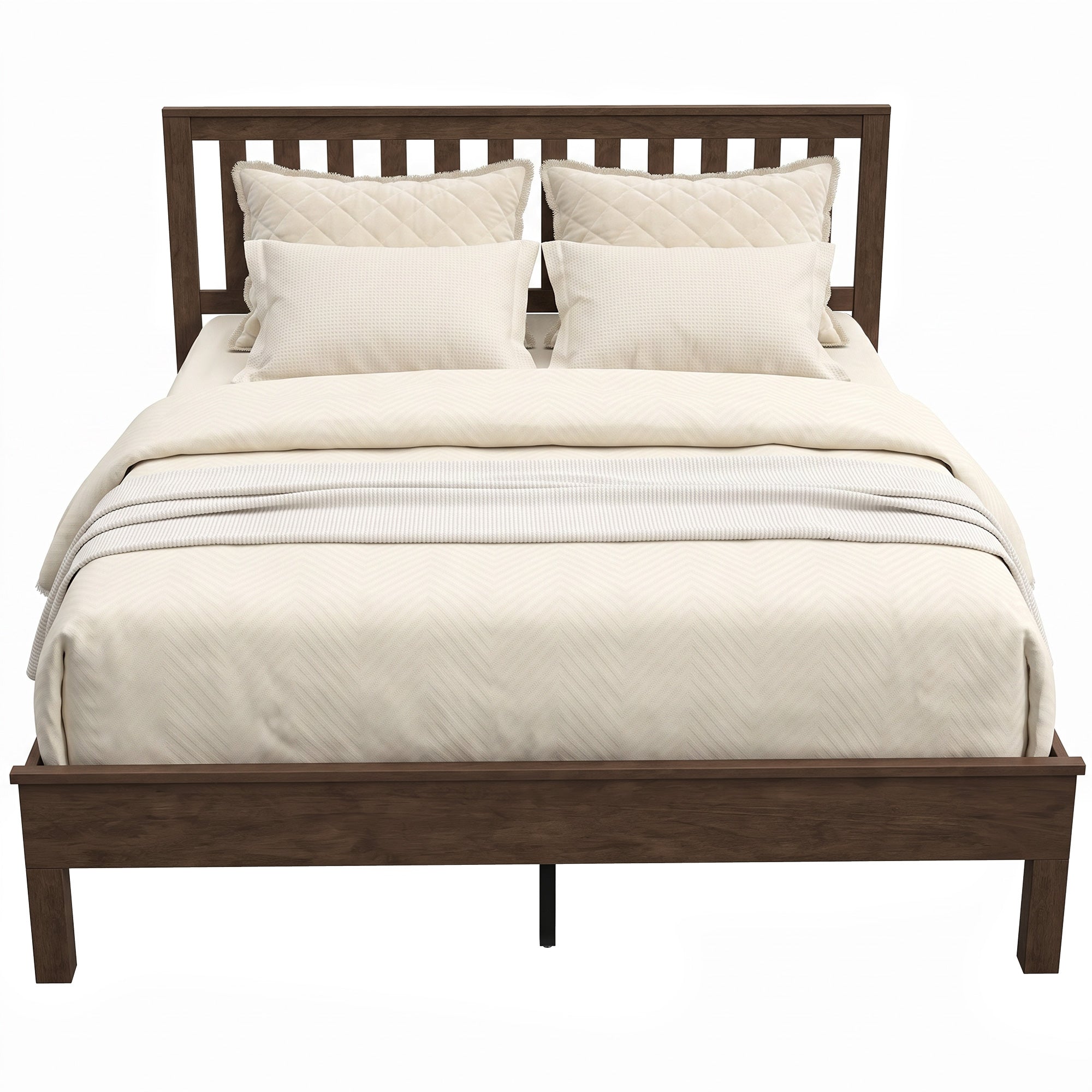 Queen Size Wood Platform Bed Frame with Headboard and Footboard, Mid-Century Bed Frame with Slat Support, Mattress Foundation with Under-Bed Storage, No Box Spring Needed, Easy Assembly, Walnut